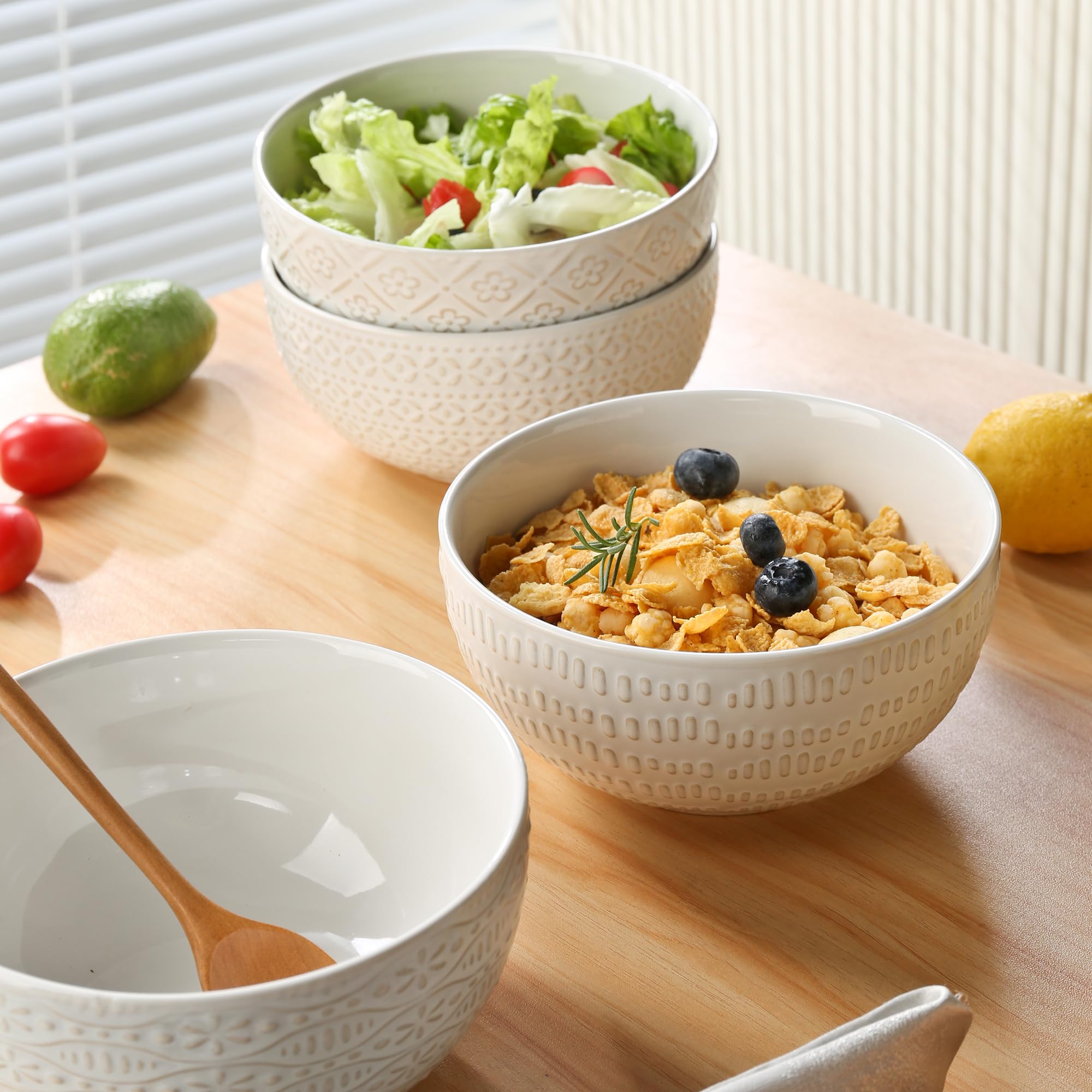 Große Müslischalen, Bauernhaus-Prägung, Keramik, Salatschüsseln für Suppe, Servieren, Obst, Snack, Nudeln, Ramen, Pho, Mikrowellen- und spülmaschinenfest, 17,5 cm, Weiß, 4 Stück