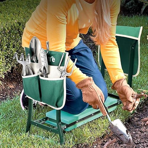 Miniatura 9 de TomCare - Taburete y apoya rodillas plegable con bolsa de herramientas almohadilla de espuma EVA para exteriores portátil para jardinería grande -