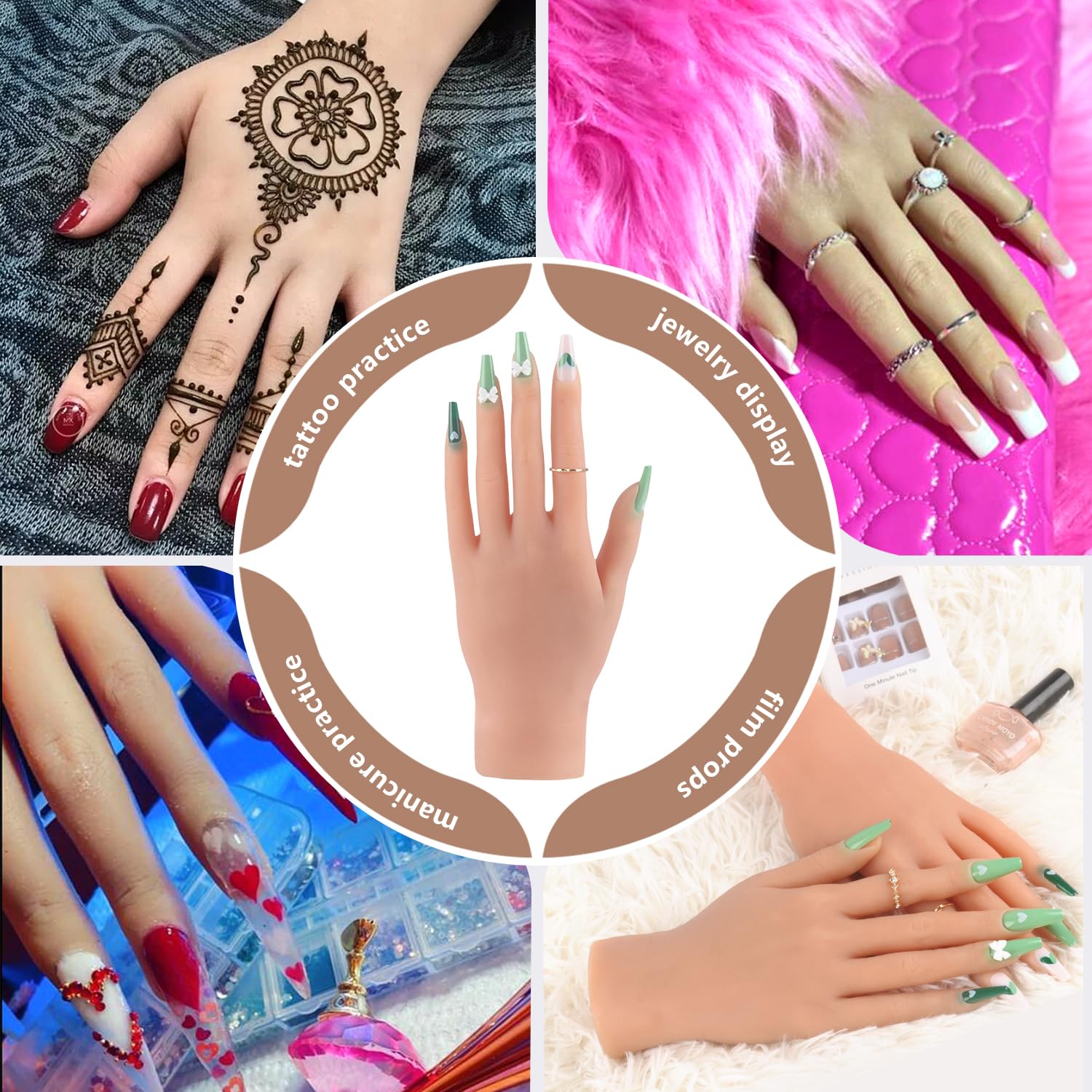 Silikonowy Model Dłoni Realistyczna 22cm Atrapa Ręki z 528 Szt. Akrylowych Tipsów i Zginanymi Palcami do Nauki Manicure Fotografii Biżuterii Prezentacji Salonowej (Prawa Ręka, Beżowa Cera)
