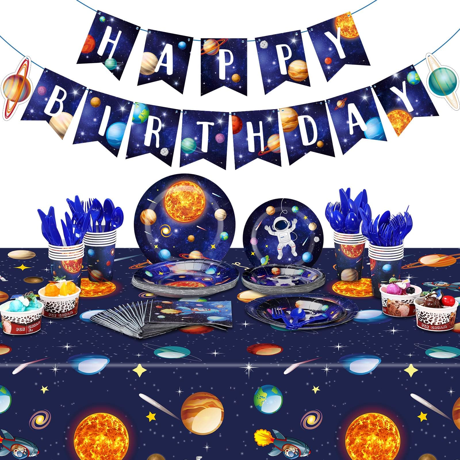 Outer Space Birthday Party Supplies Serve 24 Space Party Tableware Set, Happy Birthday Banner Solar System Tablecloth Paper Plates Cups Napkins Knives Forks Spoons for Solar Theme Activities Decor