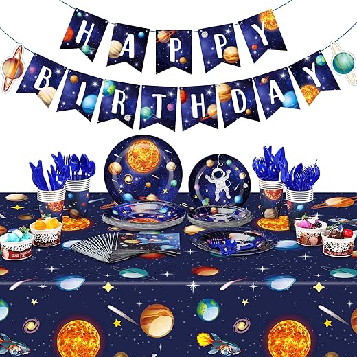Outer Space Birthday Party Supplies Serve 24 Space Party Tableware Set Including Happy Birthday Banner Solar System Tablecloth Paper Plates Cups Napkins Knives Forks Spoons for Kids Party Decoration