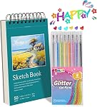 18 Couleurs Glitter Gel stylos ensemble avec A5 Livre de croquis (50 Feuilles 120gsm) | Marqueurs de gel pétillant pour le livre de coloration adulte, DIY Artisanat, Scrapbooking, Journaling, Fabrication de cartes, Art Cadeau Set pour les artistes