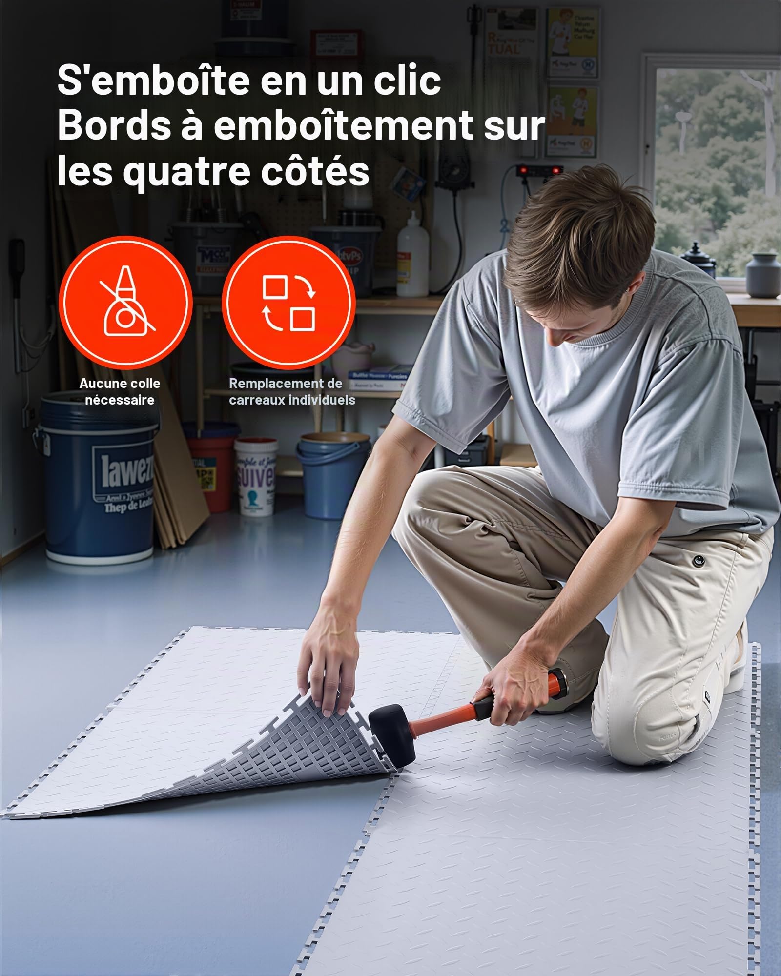 VEVOR Dalles de Garage Emboîtables, Lot de 16, Revêtement de Sol Garage Modulaire 513 x 513 x 5 mm, Tapis Antidérapants PVC pour Garages, Atelier de Réparation, Entrepôt, Local à Outils, Gris Clair
