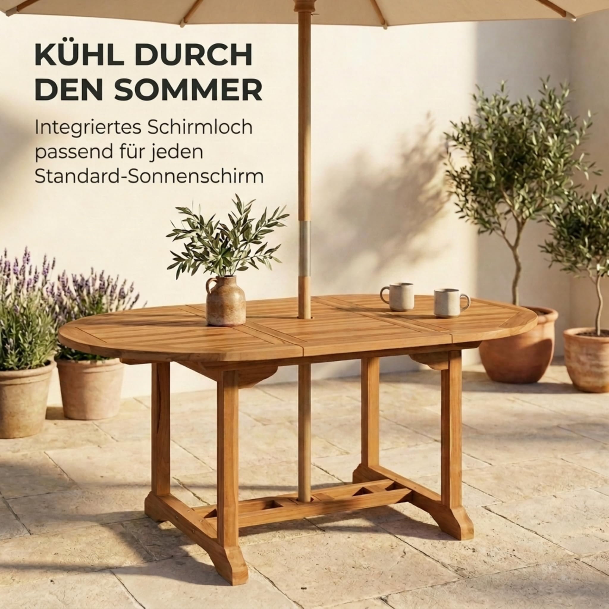 SAM Premium Gartentisch ausziehbar Borneo, runder Garten Tisch aus Teakholz 120-170 x 120 cm, oval ausziehbar, wetterfester Terrassentisch mit Schirmloch, Holztisch für Garten und Terrasse