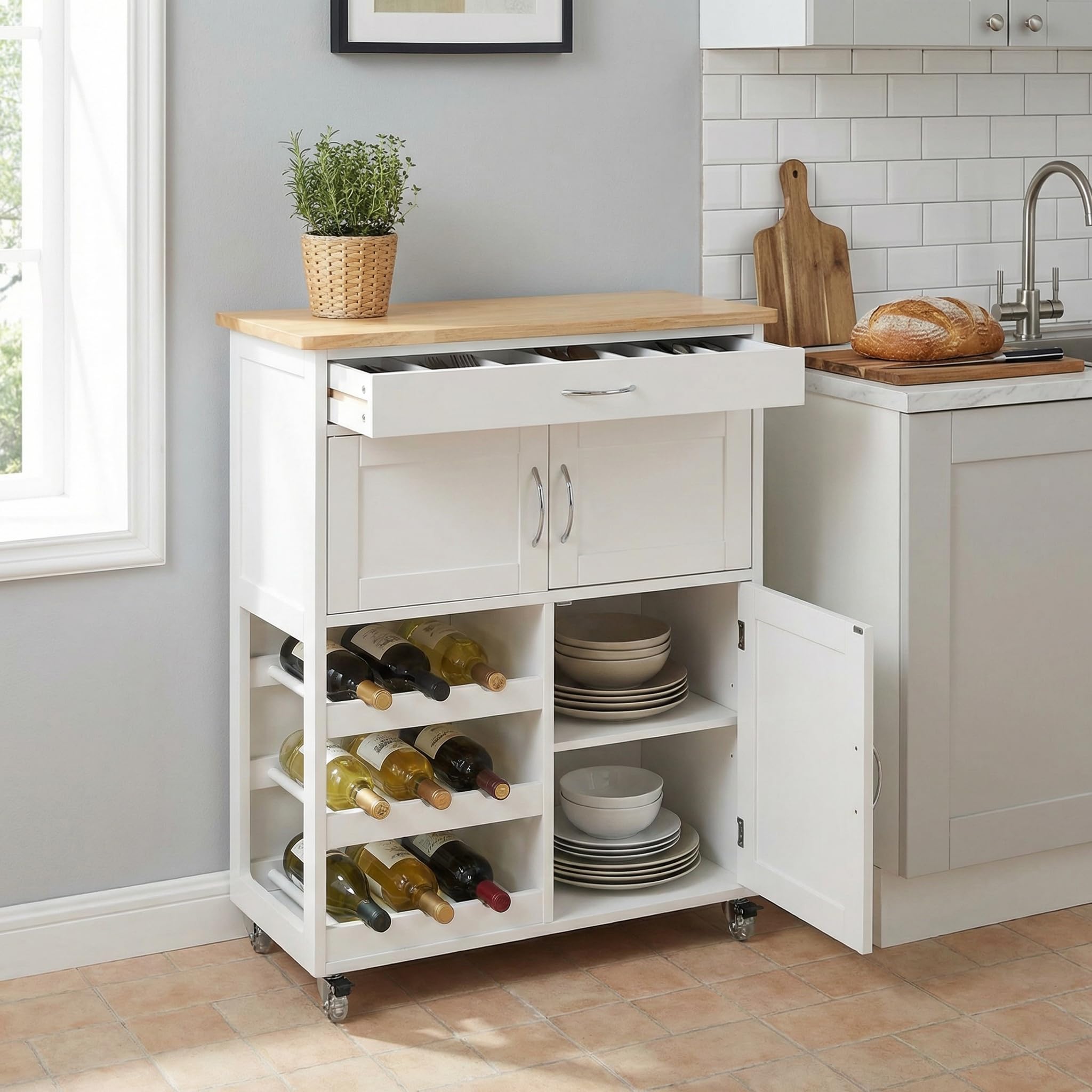 Brigros WeHome - Carrello Cucina Legno Febe, Credenza Bianca 67x36x87 Cm Con 1 Cassetto, 3 Ante, 3 Ripiani Portabottiglie, Mobile Cucina Con Ruote E Piano In Legno Rovere (Bianco)