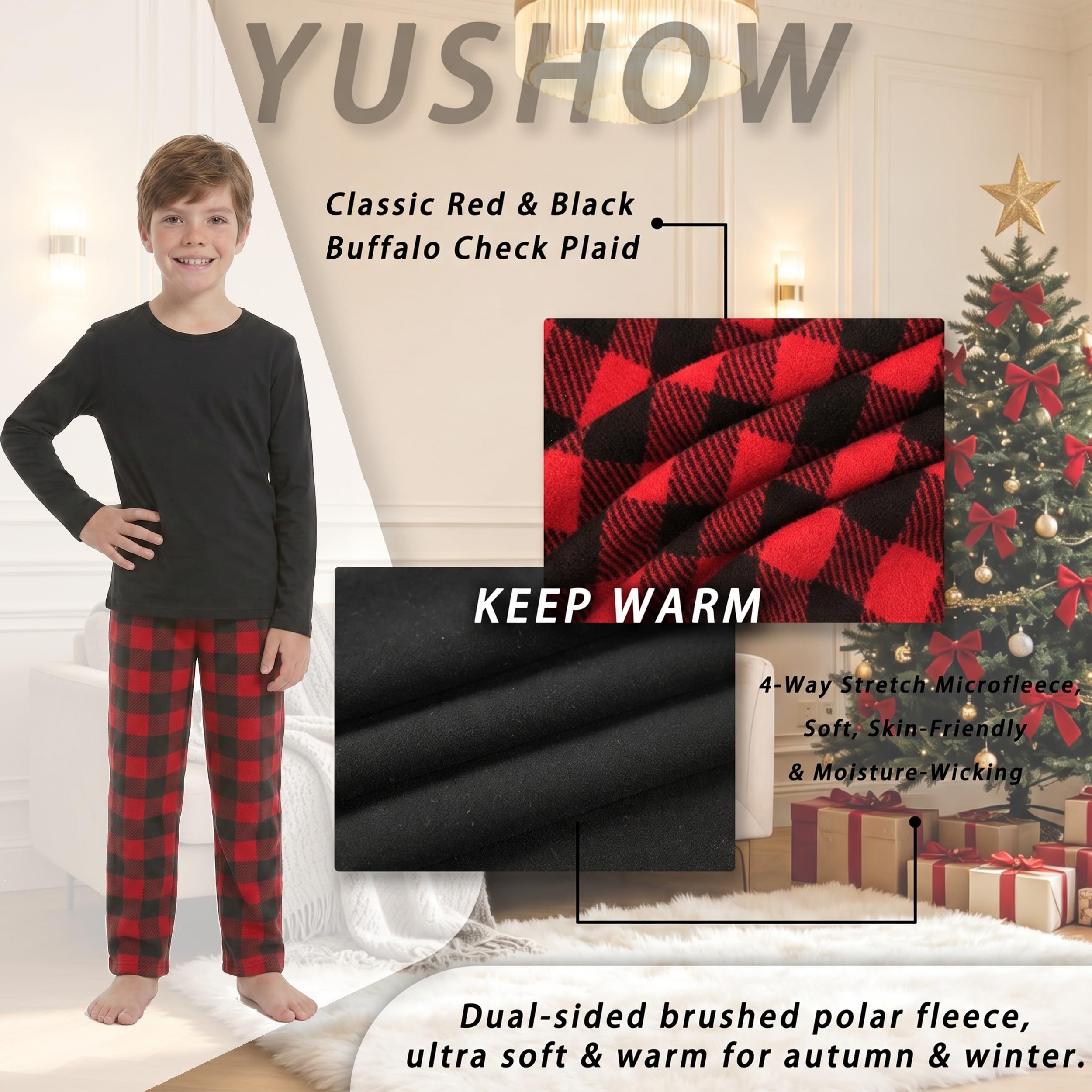 YUSHOW Set pigiama natalizio per coppie, a maniche lunghe, a quadri, biancheria da notte invernale in pile natalizio, abbigliamento da notte per la famiglia, per donne, uomini, bambini
