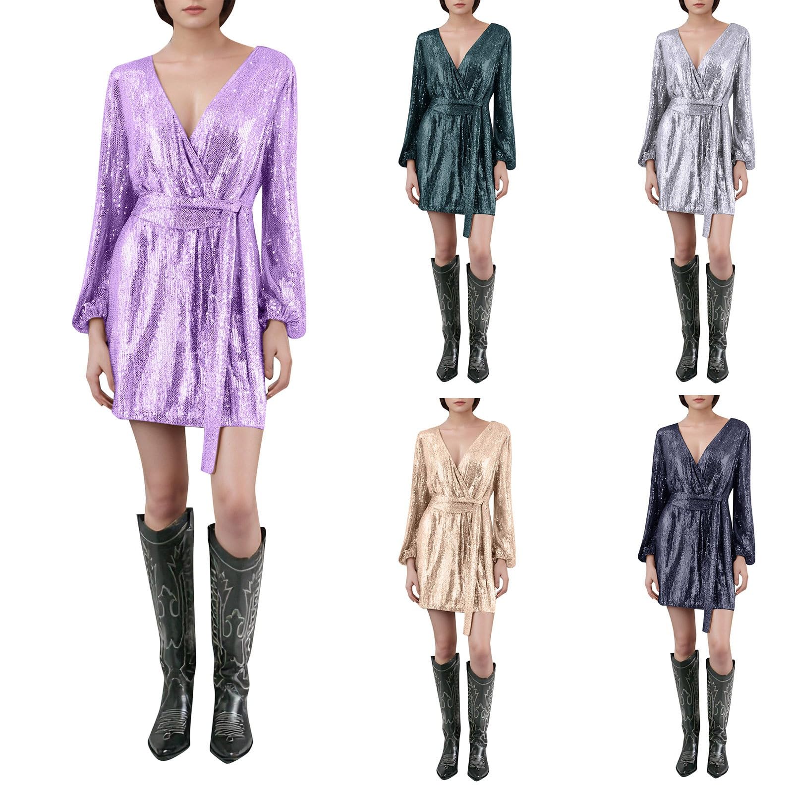 Generisch Vestido de lentejuelas para mujer, con cuello en V, brillante, sexy, elegante, vestido de fiesta, manga larga, vestido de fiesta, vestido de cóctel ajustado con volantes, vestido de carnaval