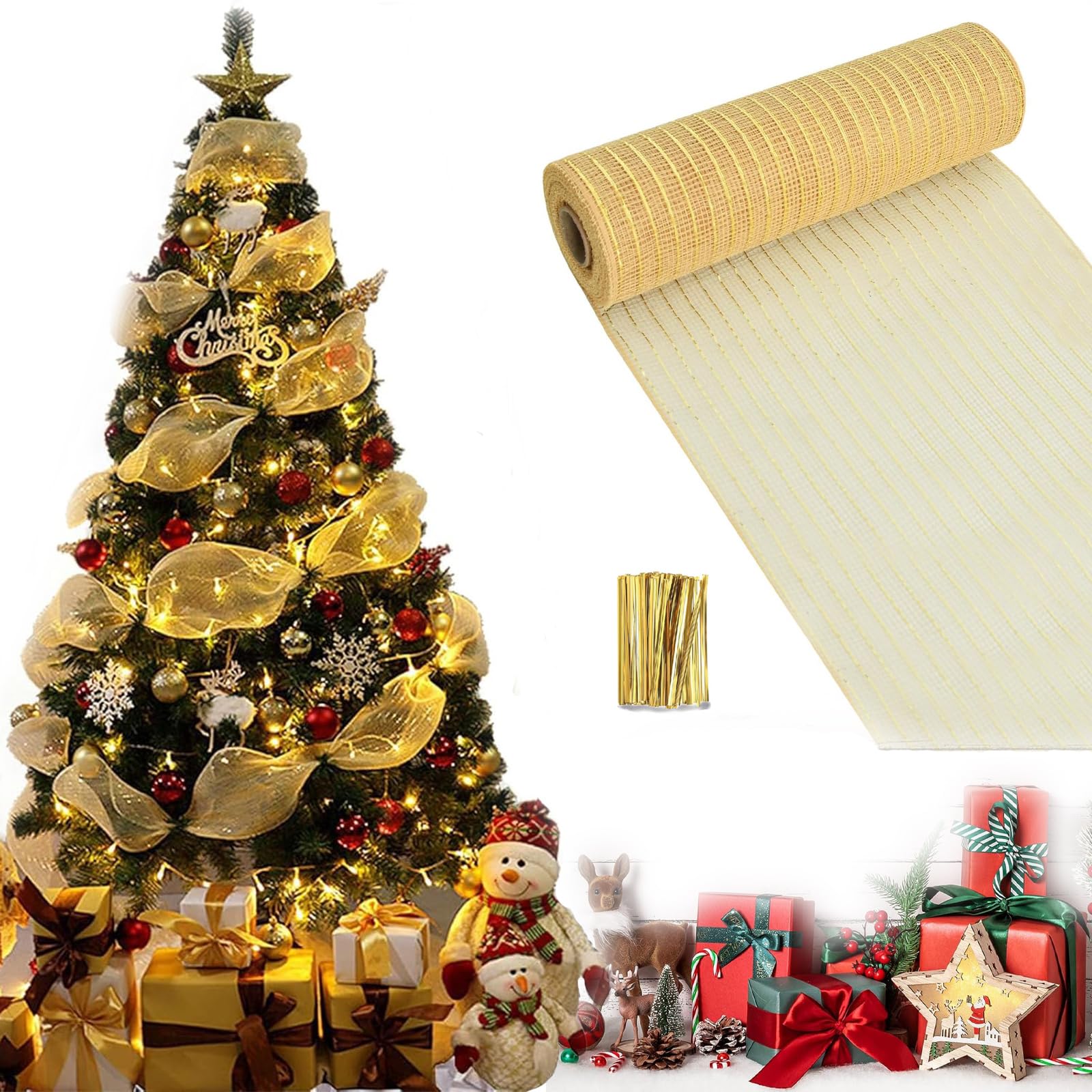 Christmas Tinsel Garland, Christmas Tree Decoration Garland, Shiny Christmas Tree Ornaments, Christmas Tree Wreath, Metal Foil Mesh Ribbon for Christmas, 26 cm x 9.14 m (Gold)