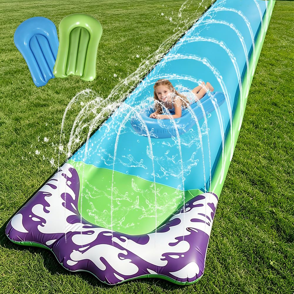 15.8 ft/480 Toboggan Aquatique, Toboggan pour Pelouse avec 2 bodyboards, Toboggan de pelouse d'été avec arroseur intégré pour Jeux d'eau en Extérieur, Fête D'été, Jardin Pelouse (Bleu)