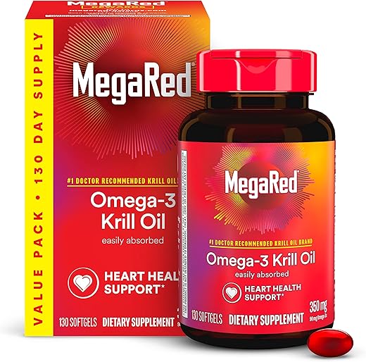 MegaRed Krill Oil 350mg Omega 3 Supplement with EPA, DHA, Astaxanthin & Phopholipids, Supports Heart, Brain, Joint and Eye Health, No Fish Oil Aftertaste - 130 Softgels (130 servings)