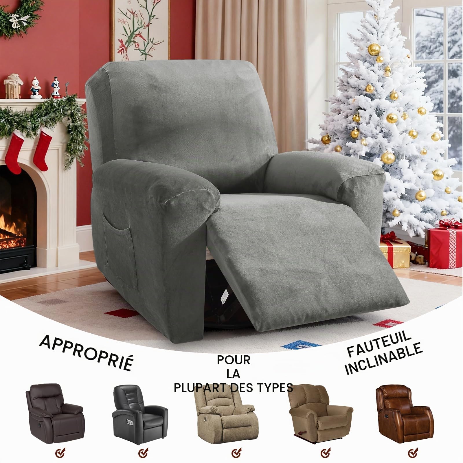 MAXIJIN Lot de 4 Housses de Chaise inclinables en Velours épais et Doux pour Fauteuil inclinable avec Poche latérale (Fauteuil inclinable, Gris)