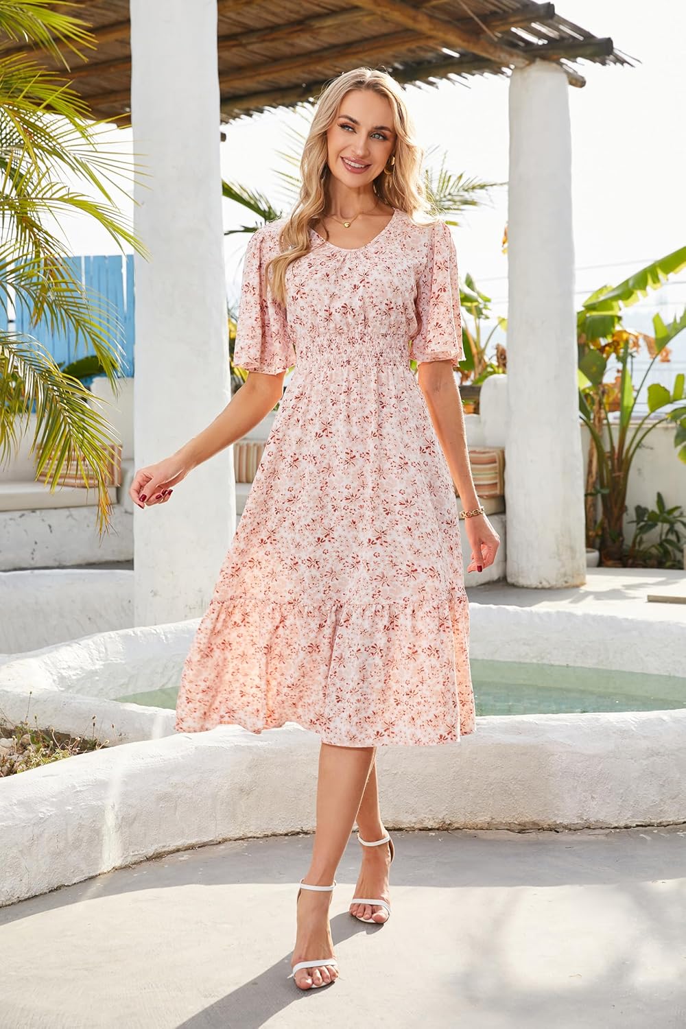 Women's Casual Dresses Boho Floral Midi Dress Smocked Short Sleeve Babydoll Sundress with Pockets 2026 Summer - Image 5