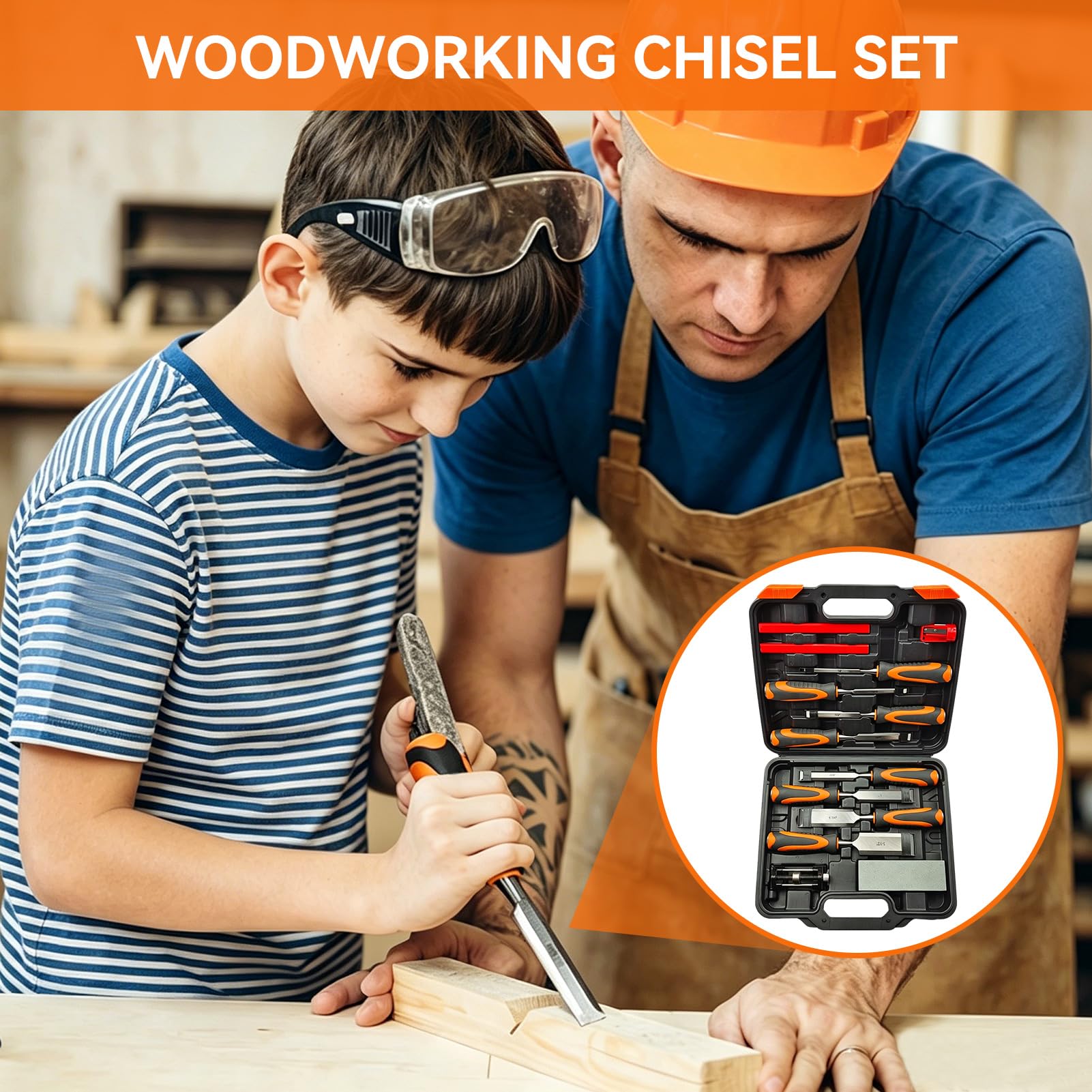 13 Stück Stechbeitel Set Für Holz Profi, 8 Stück Holzbearbeitungswerkzeuge 6-38mm Full Size Chisel Set mit Honing Guide, Schleifstein, Tischler Stifte und Tragetasche & Ergonomischer Griff Für Holzbea