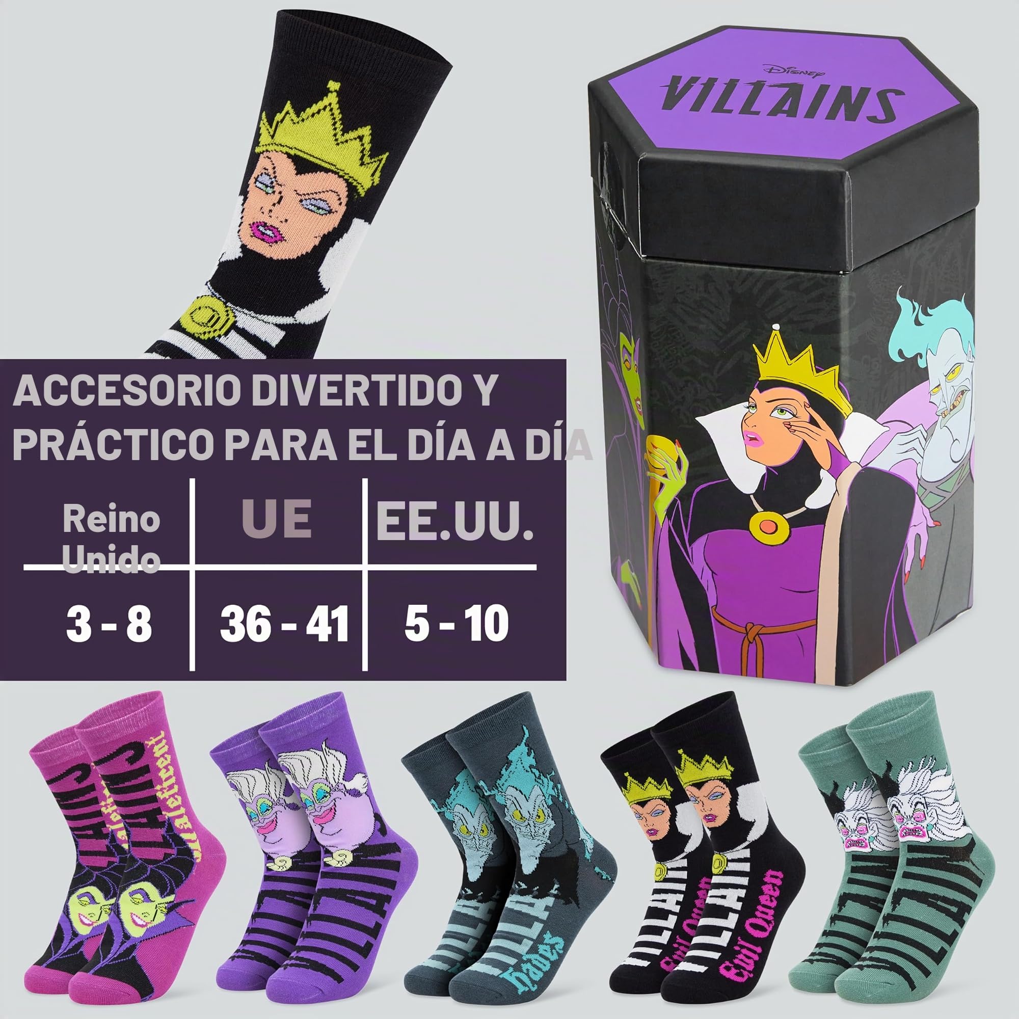 Disney Calcetines Mujer, Pack de 5 Calcetines Divertidos, Stitch, Minnie Mouse, Villanos o Jack y Sally, Regalos Originales