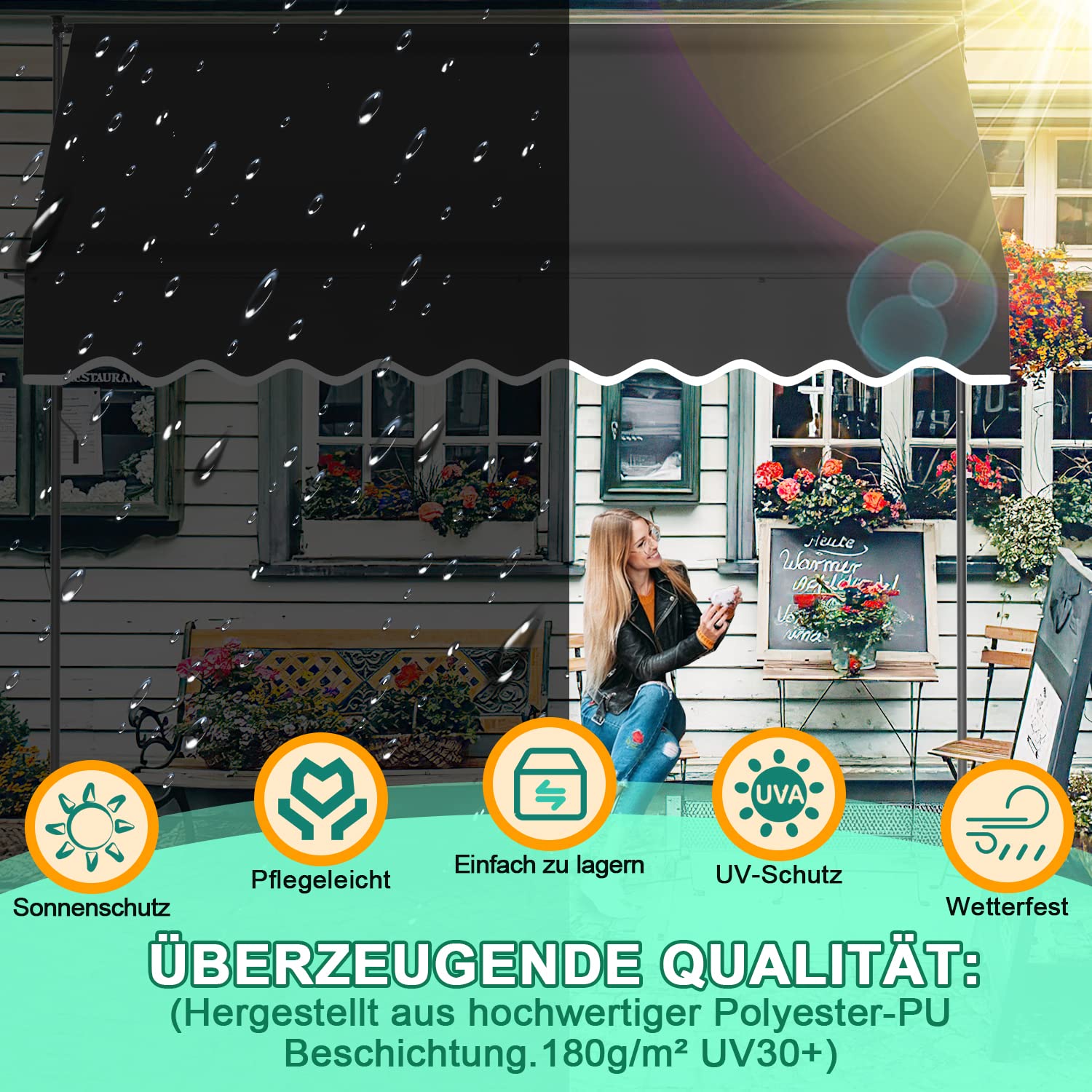 Lospitch Markiza zaciskowa na balkon, markiza wysuwana ręcznie, korba ręczna, regulacja wysokości, odporna na działanie promieni UV, bez wiercenia, 100% poliester, szara, 400 x 120 x 200-300 cm