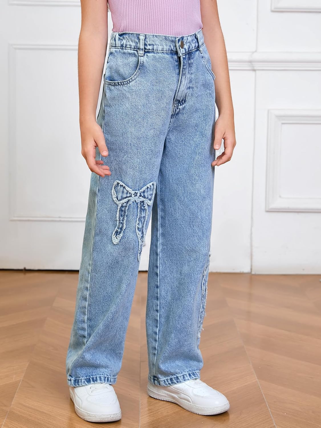WDIRARA Girl's Bowknot Print Washed Jean Elastic Waist Denim Pants Straight Leg Trousers with Pockets 8 Years Light Blue image 3 of 5 B0DNJFQTGS