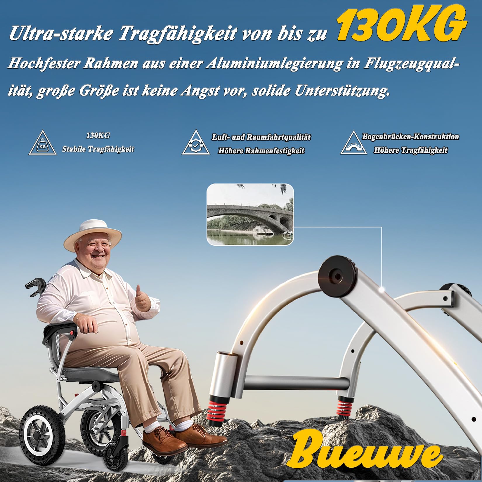 Klappbarer Transportstuhl leicht 9,8 KG - Tragbarer Rollstuhl für Reisen und Pflege mit ergonomischem W-Sitz, Aluminium-Rahmen, 130 KG Tragkraft, Doppelstoßdämpfer und 360°-Rollen
