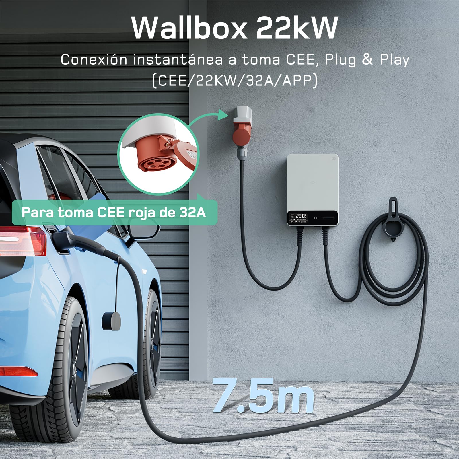 dé Estación de Carga Coche Electrico 22kW [6-32A, Trifásico, 400V] Wallbox 22kW con Cable Tipo 2 7,5m, RFID, Estación de Carga con RCD Tipo-B y Protección IP55 para Model Y y Otros BEV/PHEV, Blanco