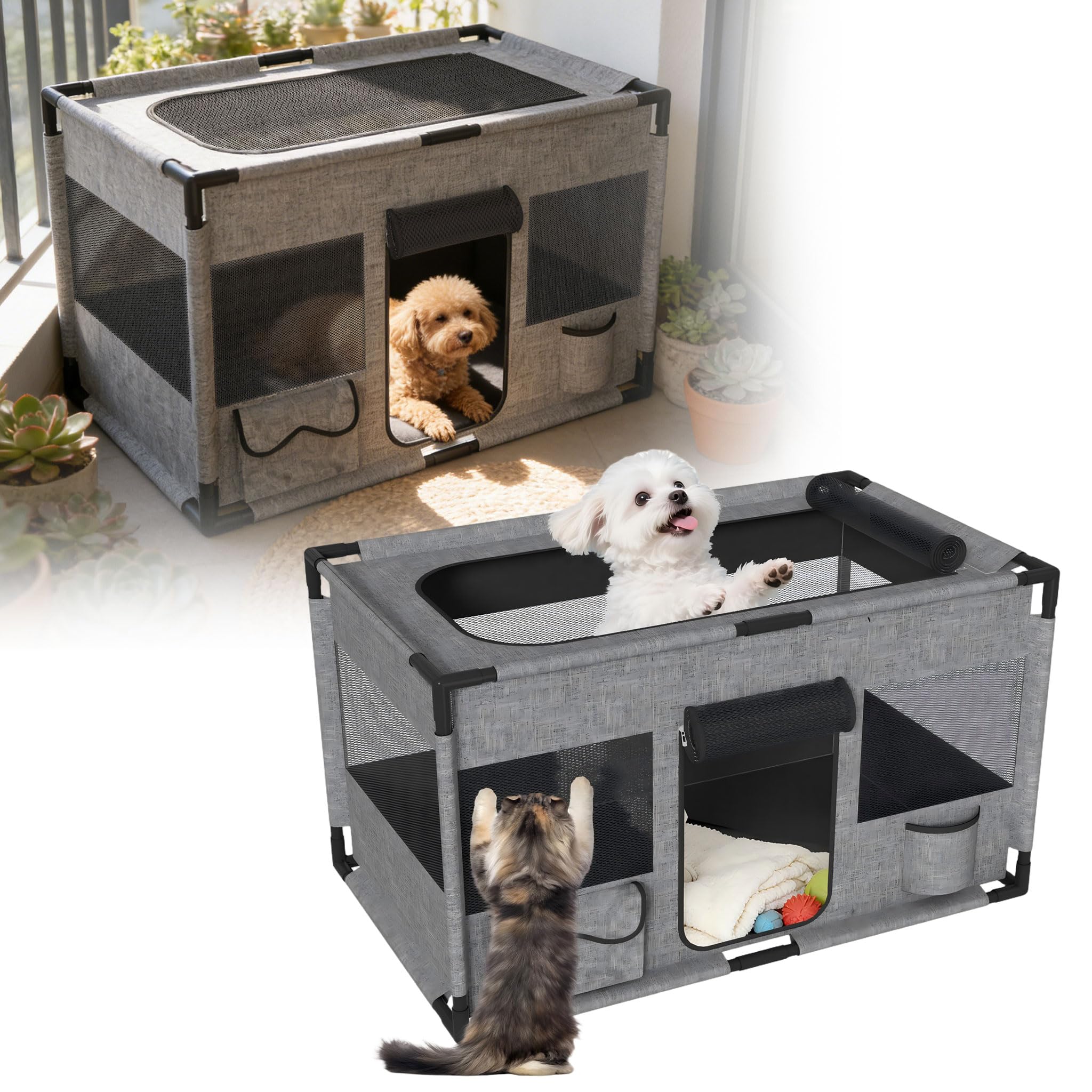 UISEBRT Puppy Playpen, Movable Enclosure, Welpengehege Oxford Fabric, Breathable Net with Zipper and Side Pocket, Playpen with Non-Slip Base for Dogs and Cats