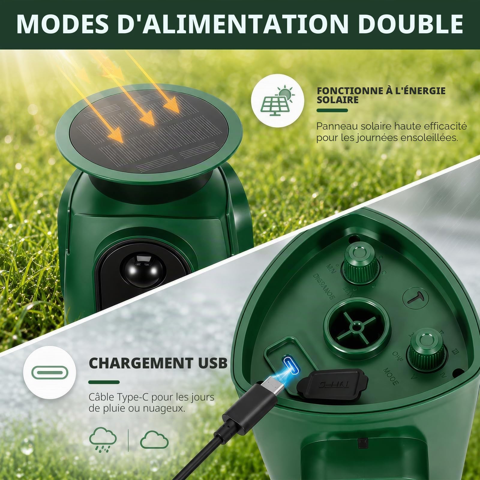 Répulsif pour chats à ultrasons solaire, répulsif pour chats à 360° pour le jardin, répulsif à ultrasons pour animaux avec détecteur de mouvement et voyant lumineux, étanche IP65, portée de 10 m