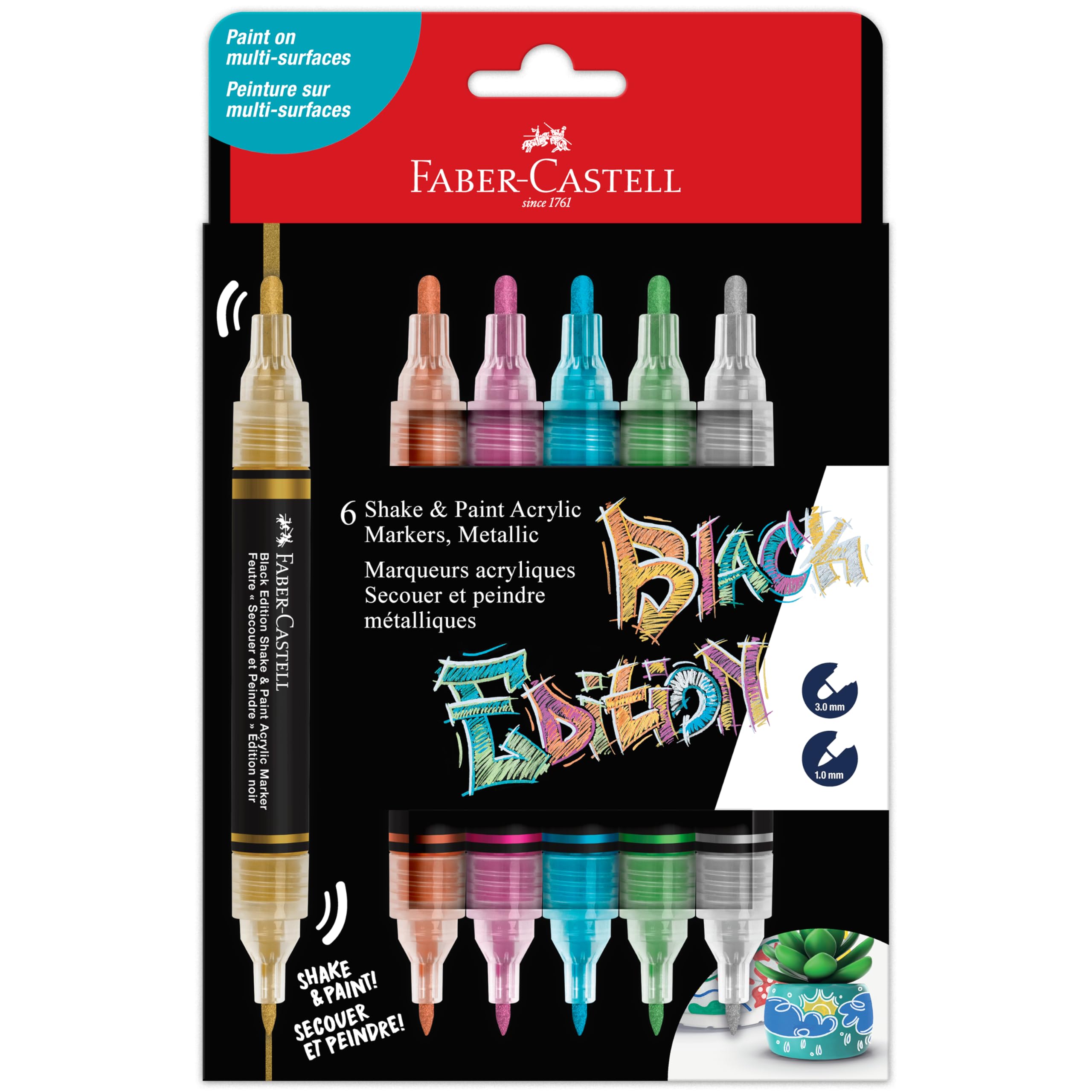 Faber-Castell Shake & Paint Markers: Metallic - 6 Count Dual Tip Acrylic Paint Pens, Markers Permanent for Clothes, Paint Markers for Wood, and Art Supplies