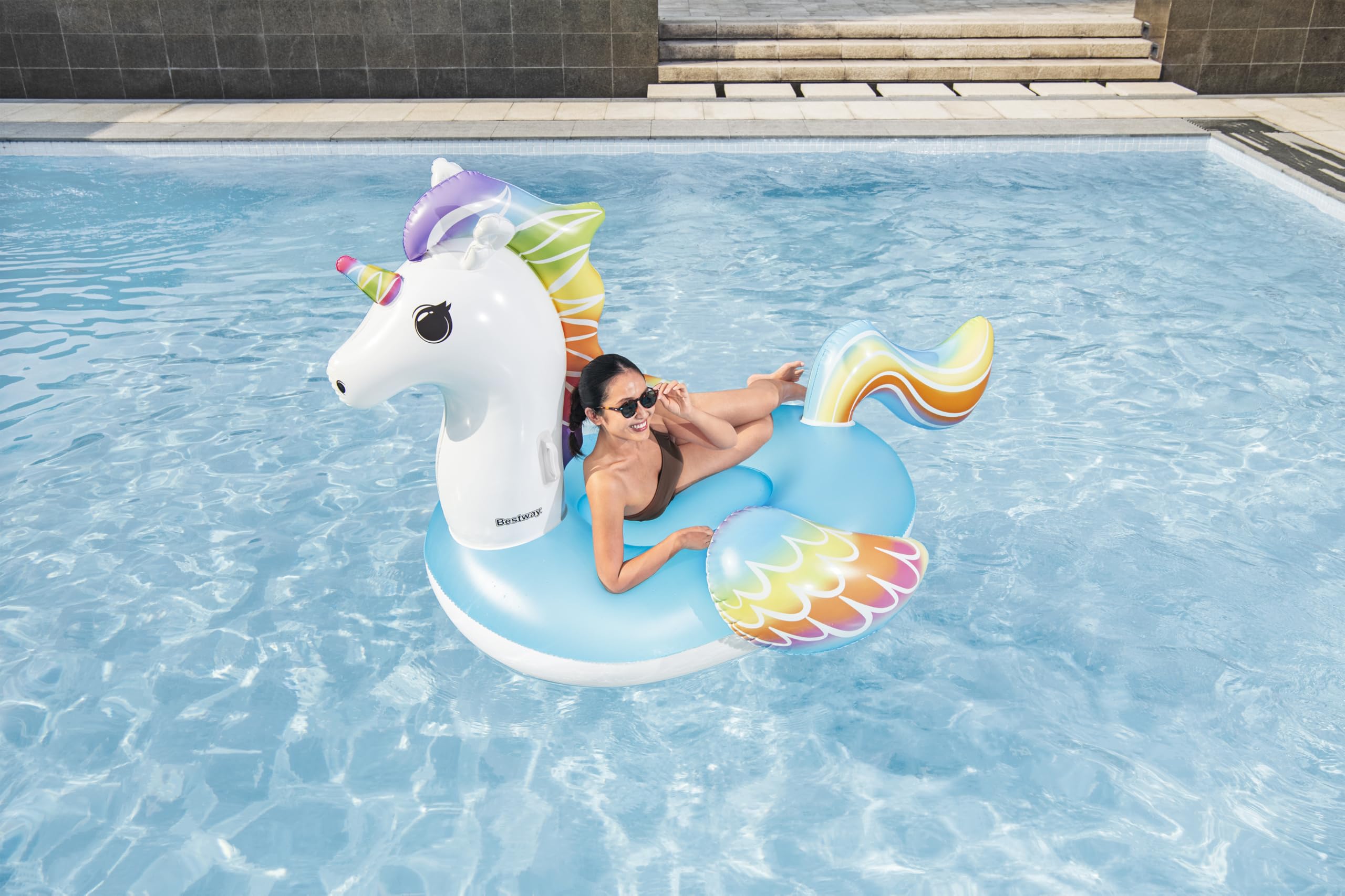 Bestway 7'4" x 64.5"/2.24m x 1.64m Supersized Unicorn Ride-On, Rainbow Unicorn Design - Image 4