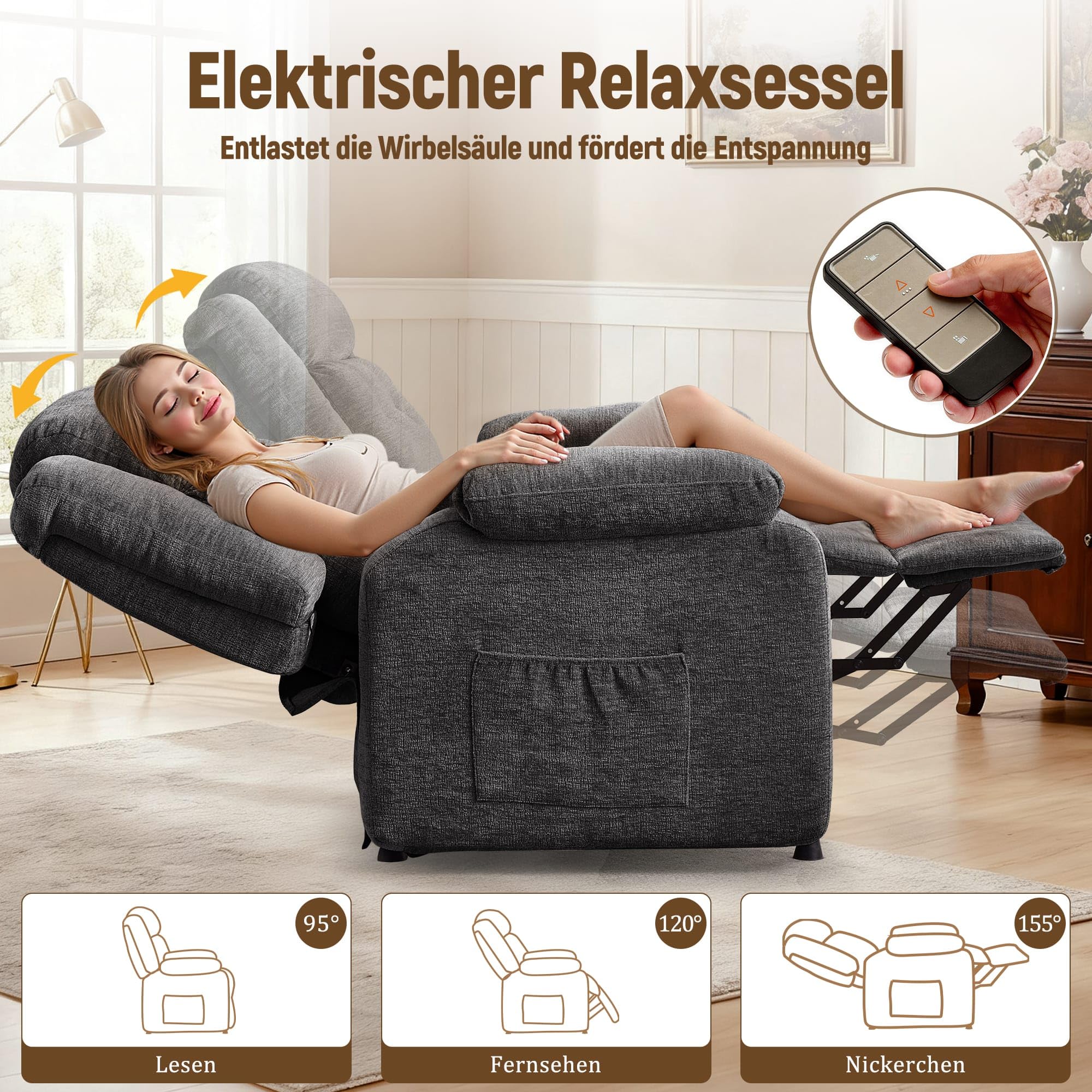 Korser Fernsehsessel Elektrisch Verstellbar für Erwachsene, Oversized Relaxsessel mit Liegefunktion und Dicken Kissen, TV Sessel aus Chenille-Stoff für Wohnzimmer und Schlafzimmer (Grau)