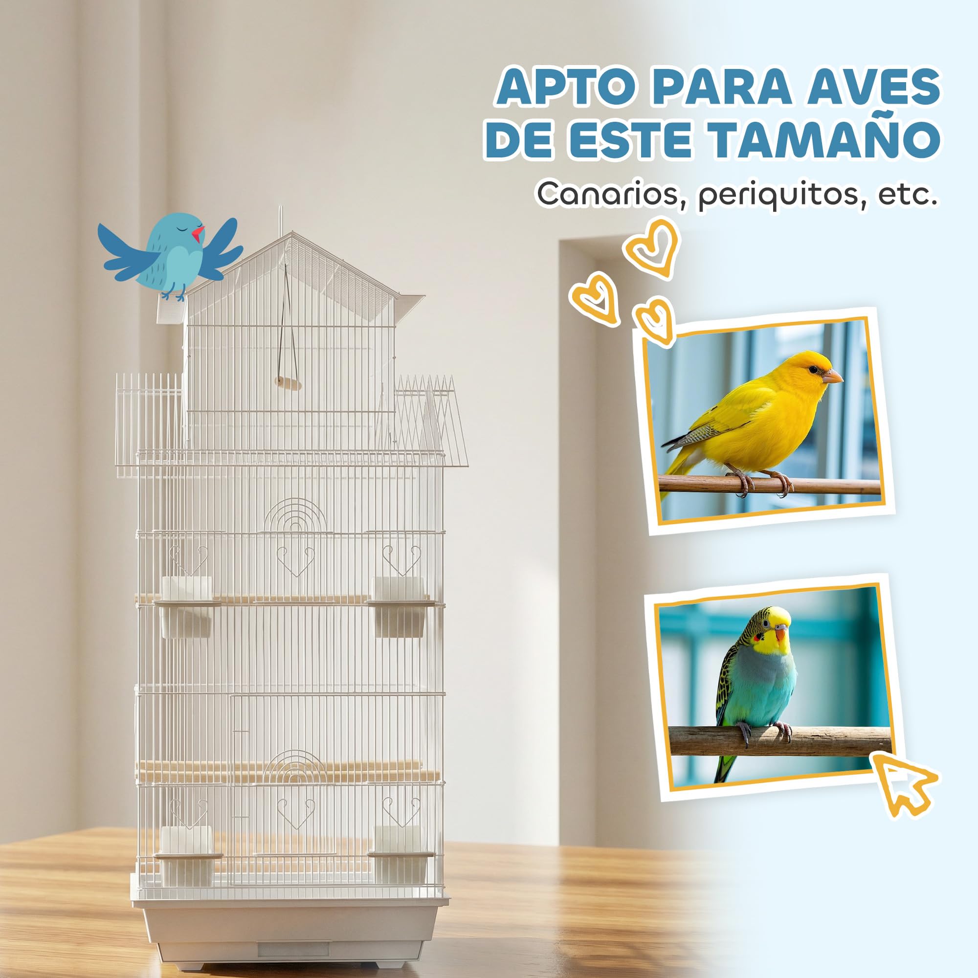 PawHut Jaula para Pájaros de Acero Pajarera con Comederos Perchas Columpio y Bandeja Extraíble Jaula Grande para Loros Canario Periquito 50,5x41x104 cm Blanco