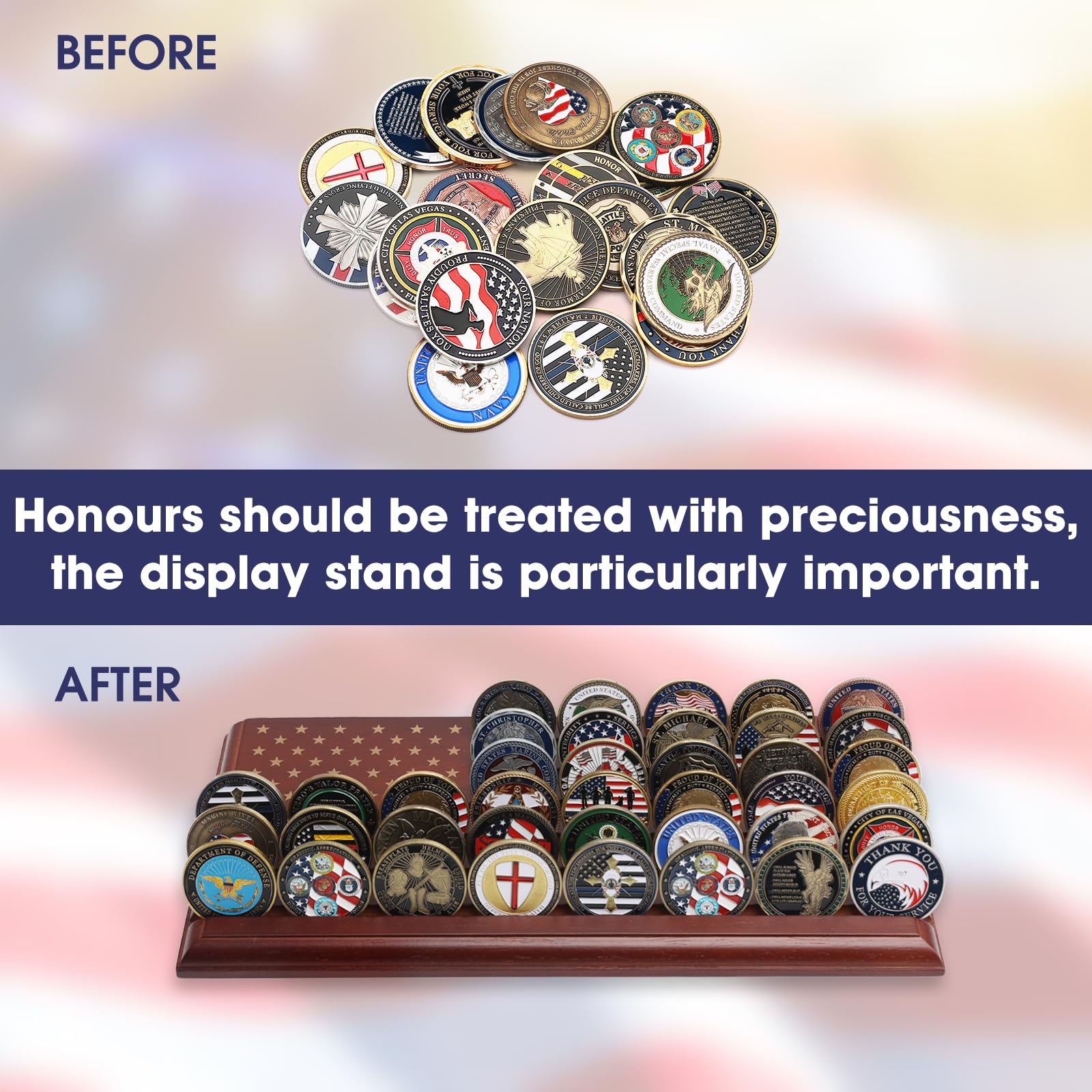 LIUYALO 6連チャレンジコインディスプレイ アメリカ国旗付き 100%無垢材を使用したチャレンジコインホルダー