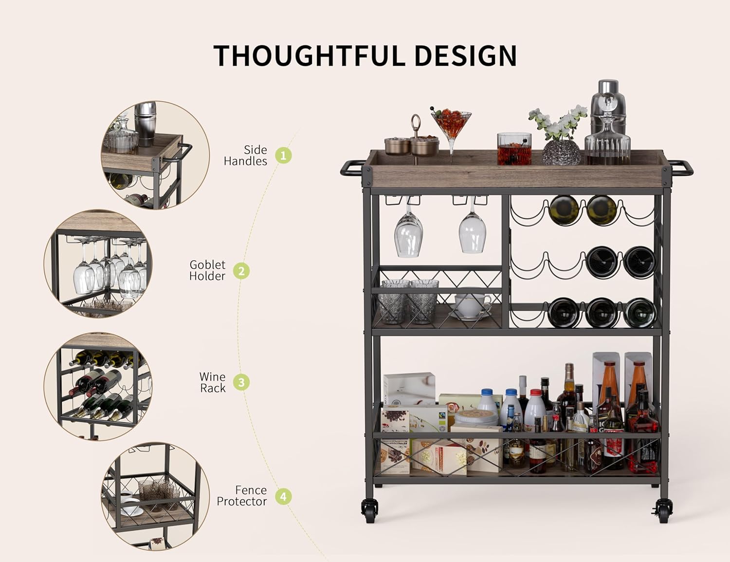 Gizoon Rolling Bar Cart, a Versatile Beverage Cart with a Removable Tray, 12-Bottle Wine Rack, and Glass Holder, The Bar Cart is Perfect for Kitchen, Dining Room, or Outdoor Use (Gray)