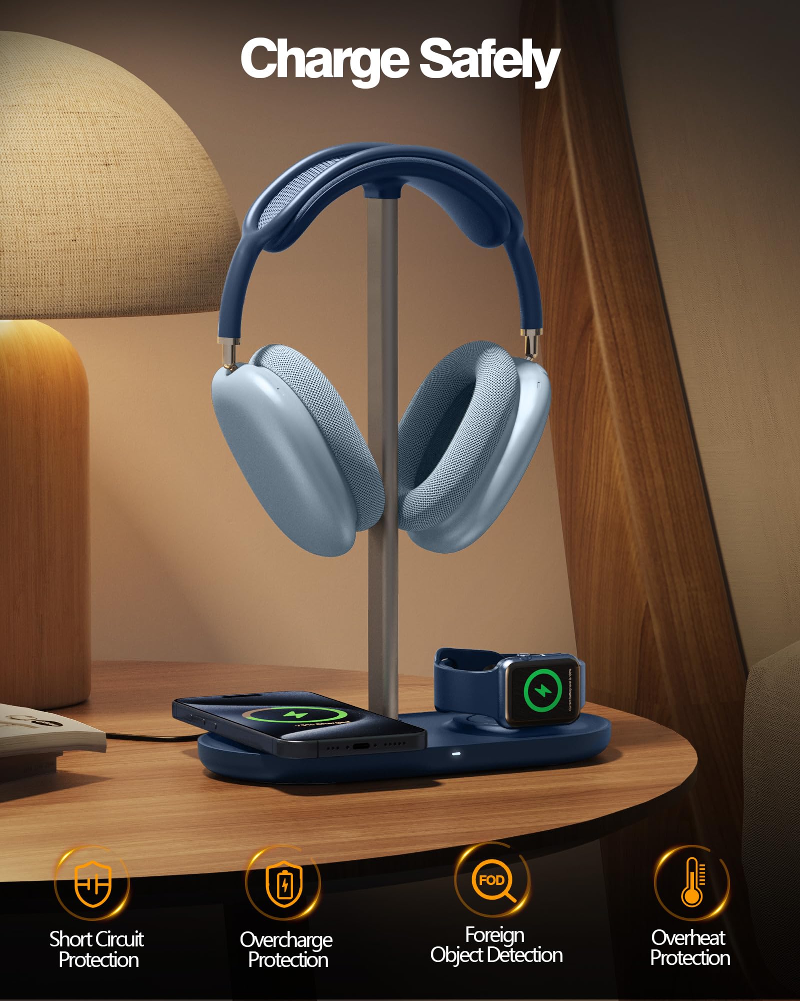 HiWe Soporte para auriculares 3 en 1, soporte universal para auriculares de escritorio con cargador inalámbrico para teléfonos/AirPods/iWatch, varilla de aleación de aluminio, almohadilla de cuero