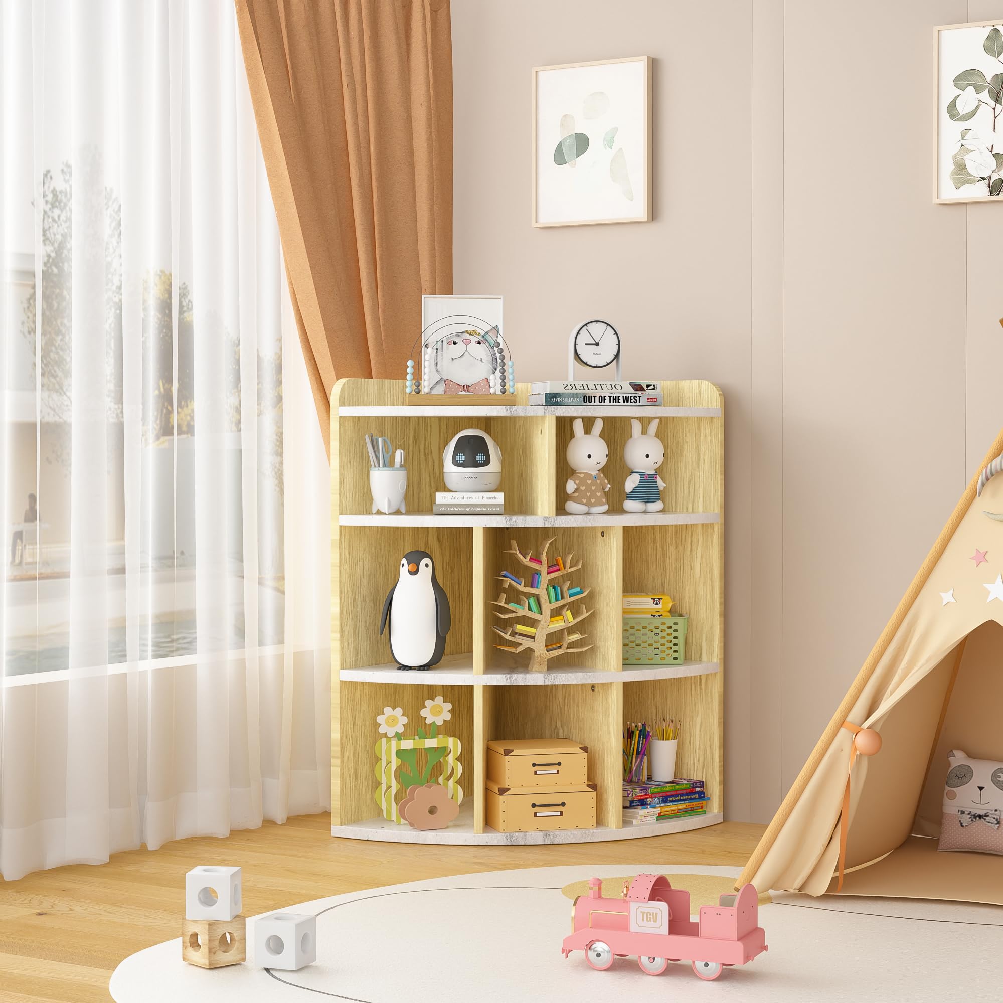 VECELO Armadio ad angolo a 3 livelli con 8 cubi, organizer in legno, moderno scaffale per sala giochi, camera da letto, soggiorno, marmo bianco