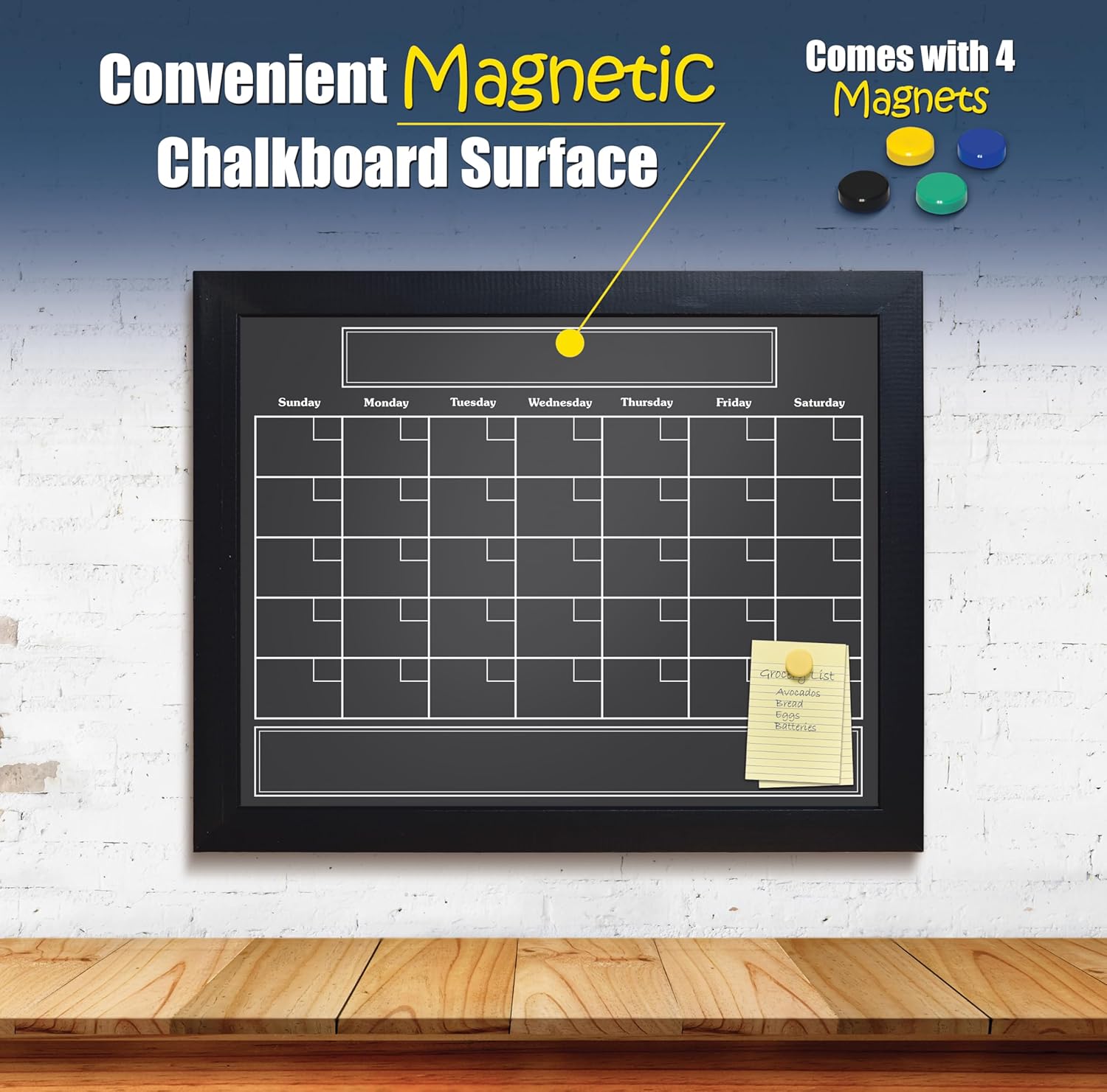 Better Office Products Magnetic Wall Chalkboard Monthly Calendar, Large Chalkboard Calendar, 24" x 30", Wall Mount, with Chalk Marker & Magnets (Solid Black)