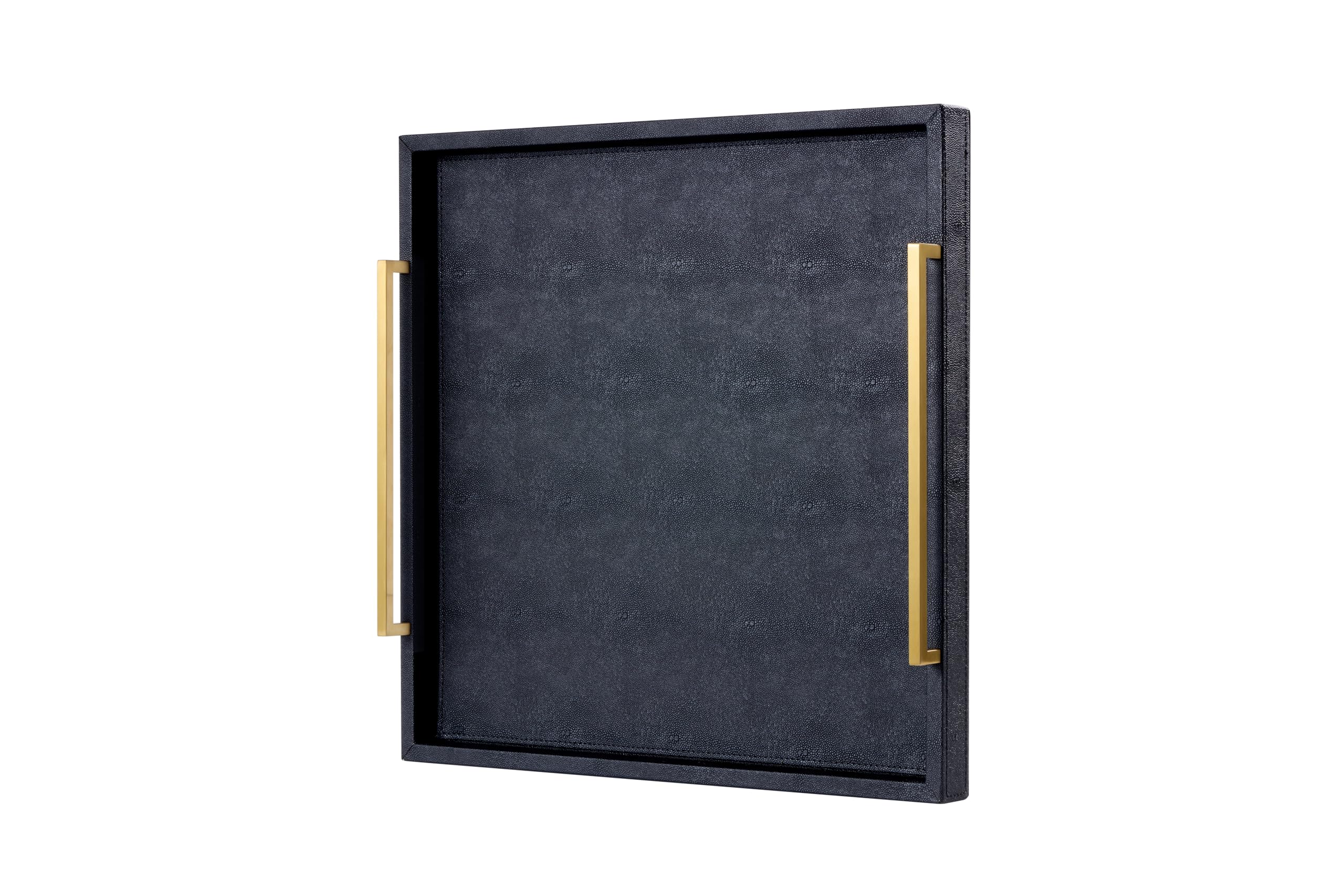24"x24" Black Shagreen Oversized Ottoman Tray Extra Large Black Shagreen Leather Decorative Tray for Coffee Table,Wooden Serving Tray to Serve Food for Dinner Party (Black-Gold Handle, 24")