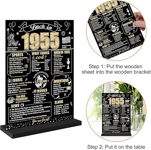 Miniatura 6 de Eiurteao Decoración de 70 cumpleaños con texto en inglés "Back in 1955" para hombres y mujeres, póster de mesa de madera de dos caras de oro negro