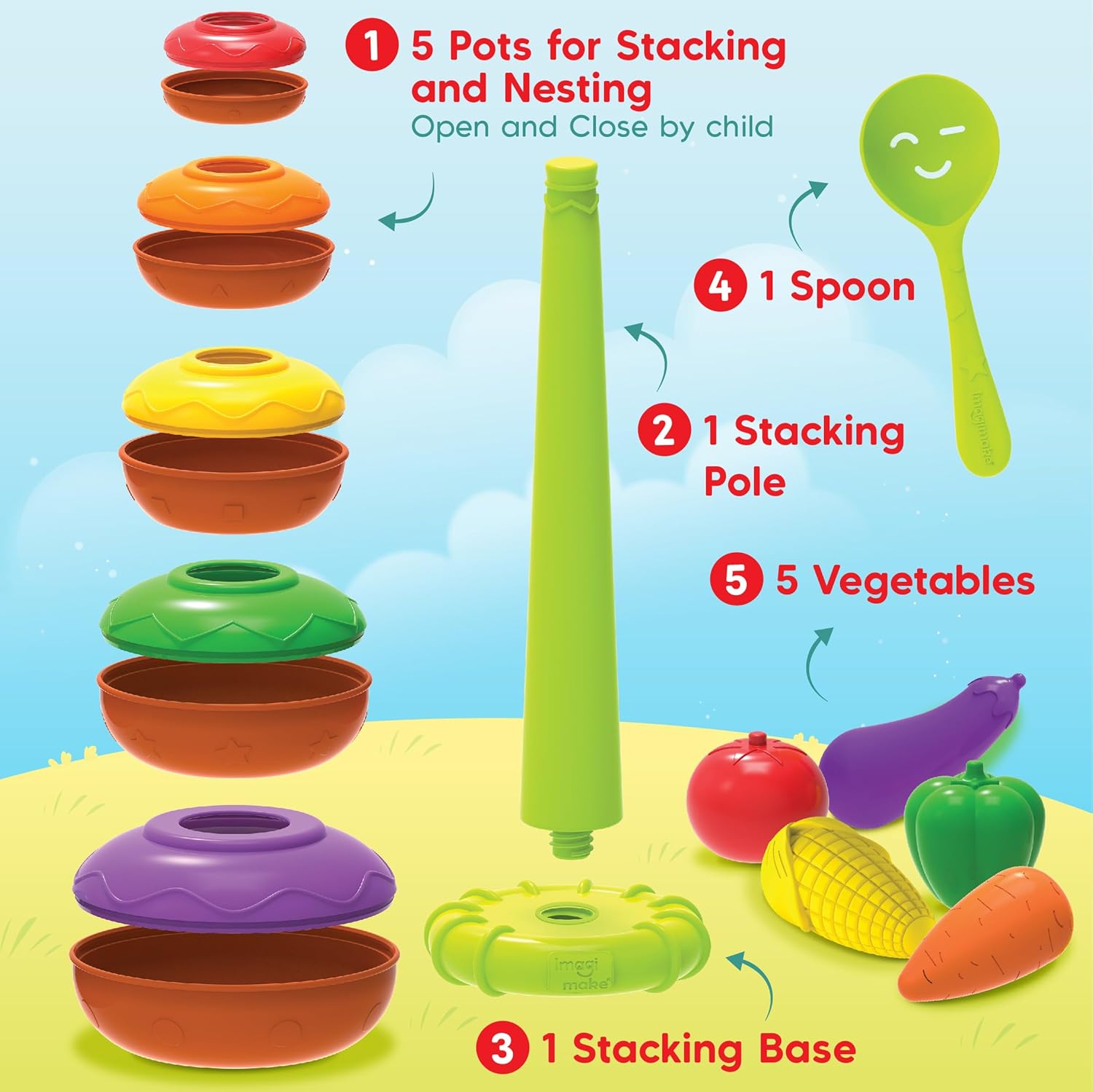 Imagimake Stacking Pots Toys | Leaps & Bounds 6+ Month Old Baby Toy | Learning Toy for Infant & Toddler | 5-in-1 Play & Learn | Stacking, Nesting, Pretend Play | First Birthday Gifts for Girls & Boys