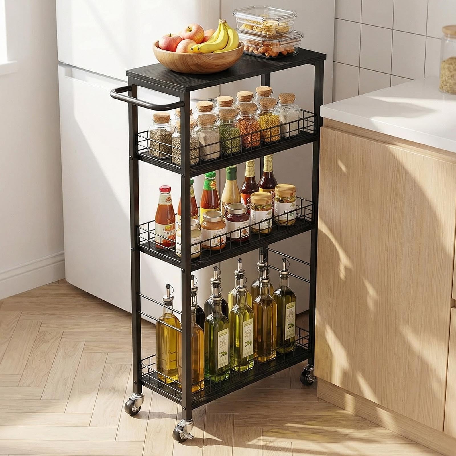 YBING Carrello portaoggetti sottile da cucina con ruote, 4 ripiani, mobile con manico in legno e metallo, scaffale estraibile, per cucina, soggiorno, piccoli spazi, nero