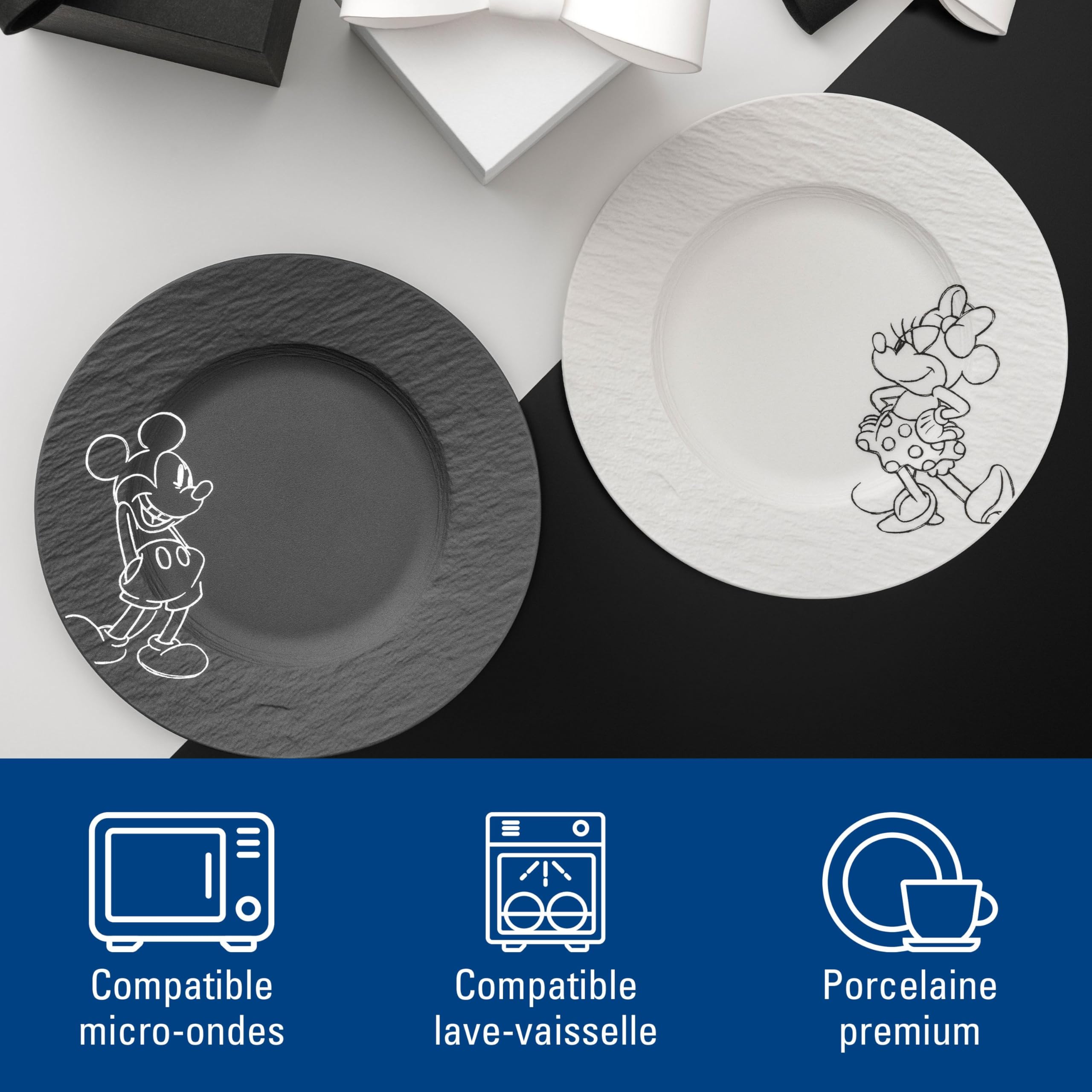 Villeroy & Boch Manufacture Rock – Mickey Mouse – assiette à dessert, 2 pièces, noir/blanc, résistant au lave-vaisselle/micro-ondes, look ardoise avec décor Disney Mickey Mouse