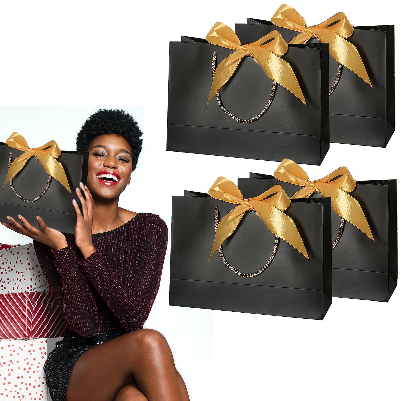 MUFEKUM Geschenktüten, 4 Stück Geschenktaschen mit Henkel und Schleifenbändern, Papiertüten Partytüten, Geschenktüte für Geburtstag Hochzeit Feier Party Baby Showers (schwarz)