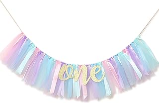 WAOUH Baby Girl Banner for 1st Birthday - Highchair Banner for First Birthday Decoration, Cake Smash Photo Prop, Tulle Garland Banner ( light Aqua and Light Blue)