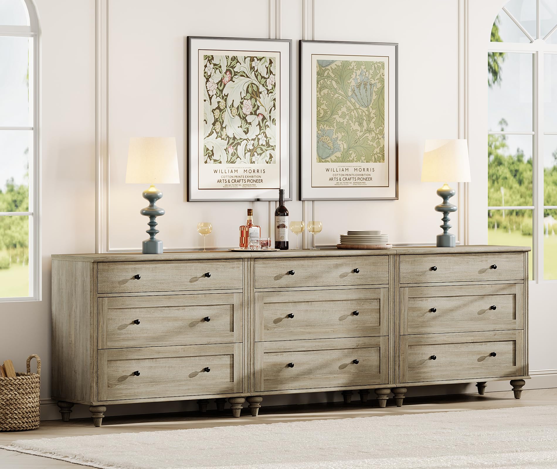 Scarlett Dresser for Bedroom with 9 Drawers, Grey Kids Dressers with Wide Chest of Drawers, Mid Century Modern Wooden Closet Storage Organizer, Large Wood Dressers for Living Room, Nursery, Hallway (INCLUDES 3 BOXES)