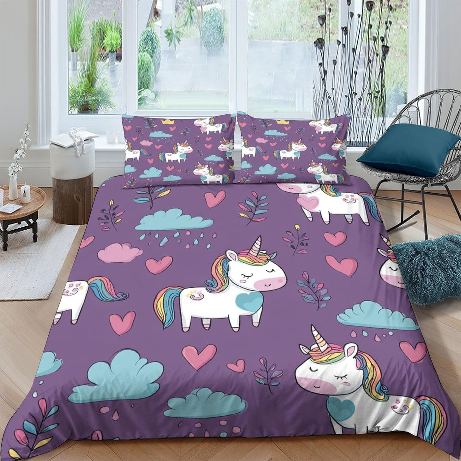 Ctjqhvkz Style-9 3D Printed Purple Unicorn Fitted Sheet Microfiber Soft Breathable Cloud Heart Bed Cover For Bedroom Dorm Decor Single（135X200cm）