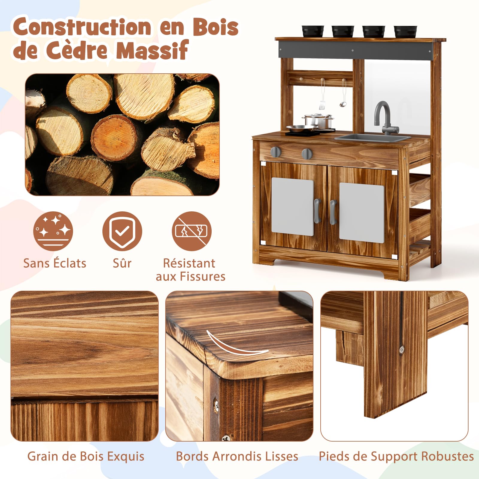 DREAMADE Cuisine de Boue, Jouet de Cuisine pour Enfants avec Évier Amovible, Robinet, Double Réchaud, 4 Pots de Plantation et Tableau Acrylique, Cuisine d’Extérieur en Bois pour Enfants de 3+ Ans
