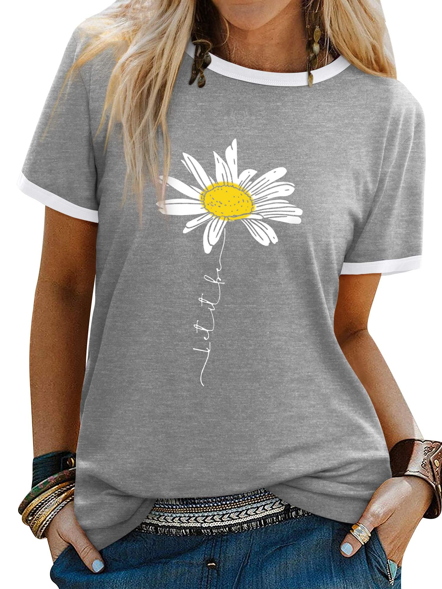 Dresswel Women's ‘Let It Be’ Daisy Graphic Print T-Shirt Short Sleeves Crew Neck Summer T-Shirt Top