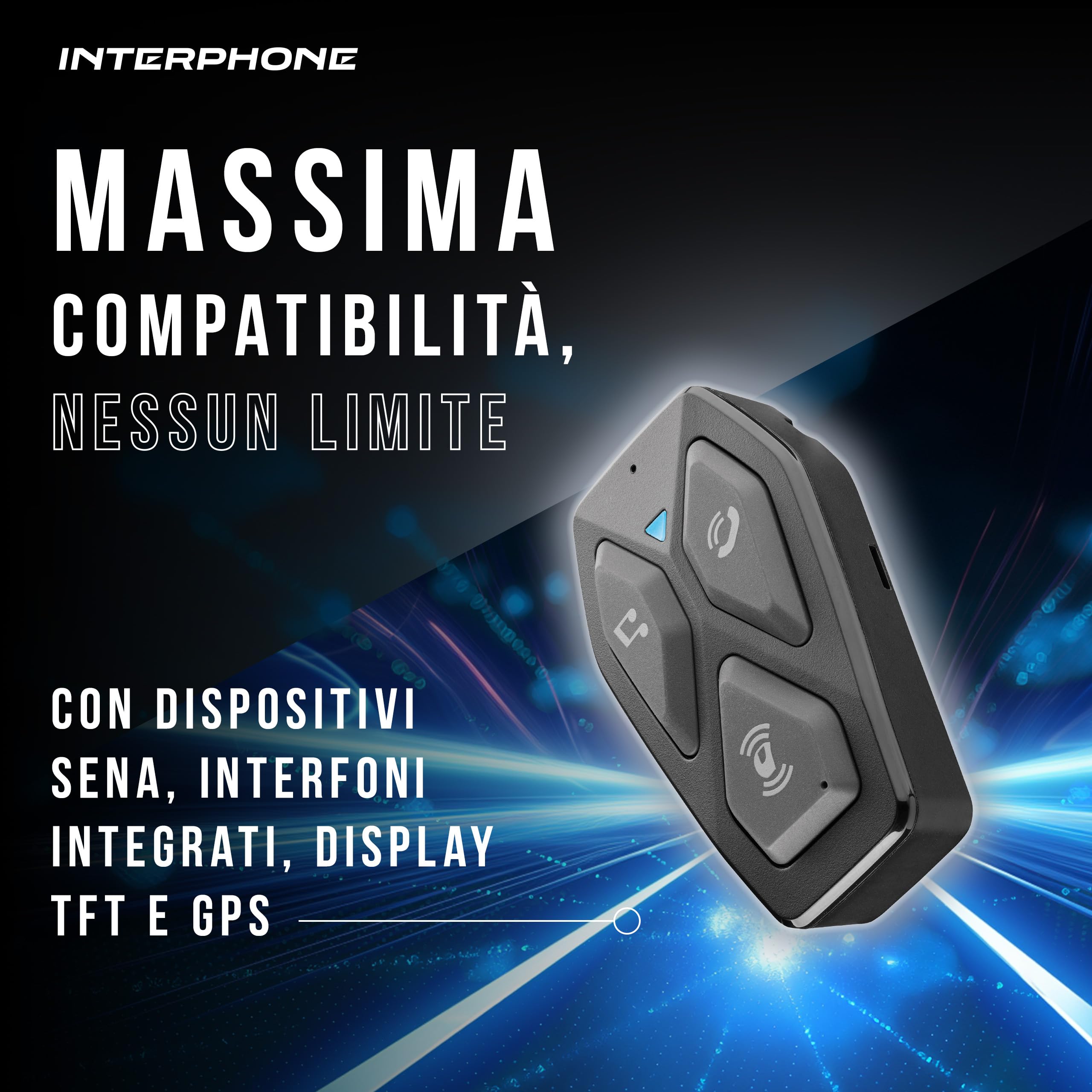 INTERPHONE U-COM 3HD Singolo, Interfono moto di gruppo per 4 utenti fino a 500mt, Interfono casco Bluetooth 5.1 con auricolari HD 40mm per musica, chiamate e GPS, Autonomia 10h e impermeabile IP67