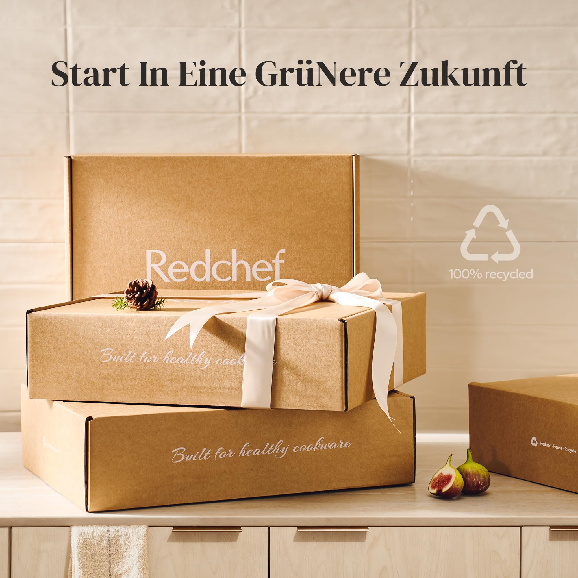 Redchef Set 3 Padelle Ceramica Antiaderente: 20/24/28 cm, Alluminio con Rivestimento Antiaderente, Adatta per Induzione e Tutti i Piani Cottura, Senza PTFE/PFAS/PFOA, Adatta al Forno, Beige