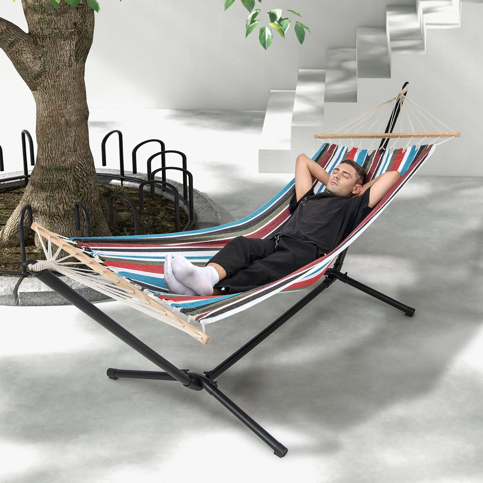 KOMFOTTEU Hamac avec Support en Métal et Sac de Rangement, Charge 150 kg | Lit Suspendu sur Pied, Style estival coloré, pour Jardin, Camping, Plage, 210 x 100 cm