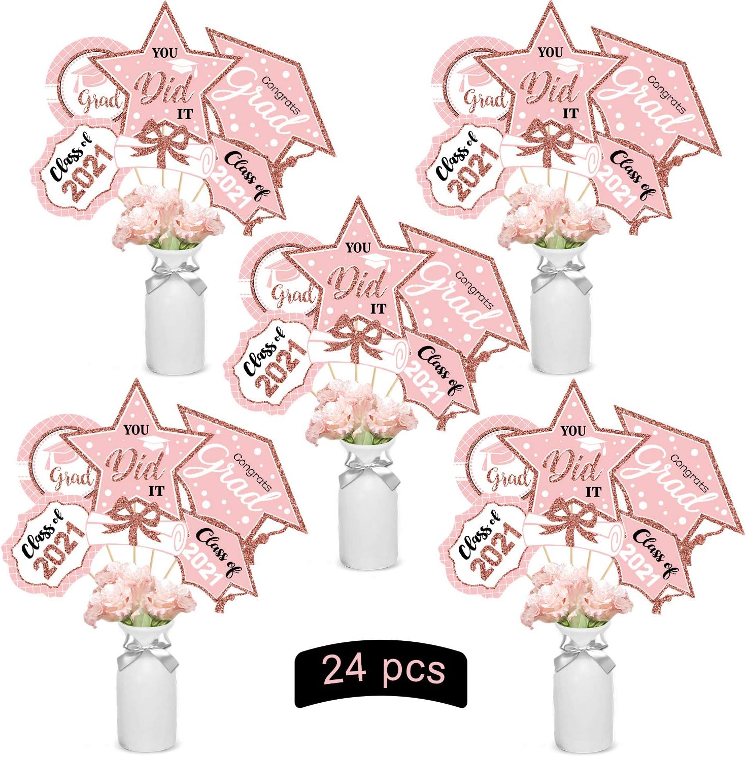 Rose Gold Graduation Decorations Set of 24 Class of 2023 Table Decor Congrats Grad Party Centerpiece Sticks Table Toppers Graduation Party Supplies