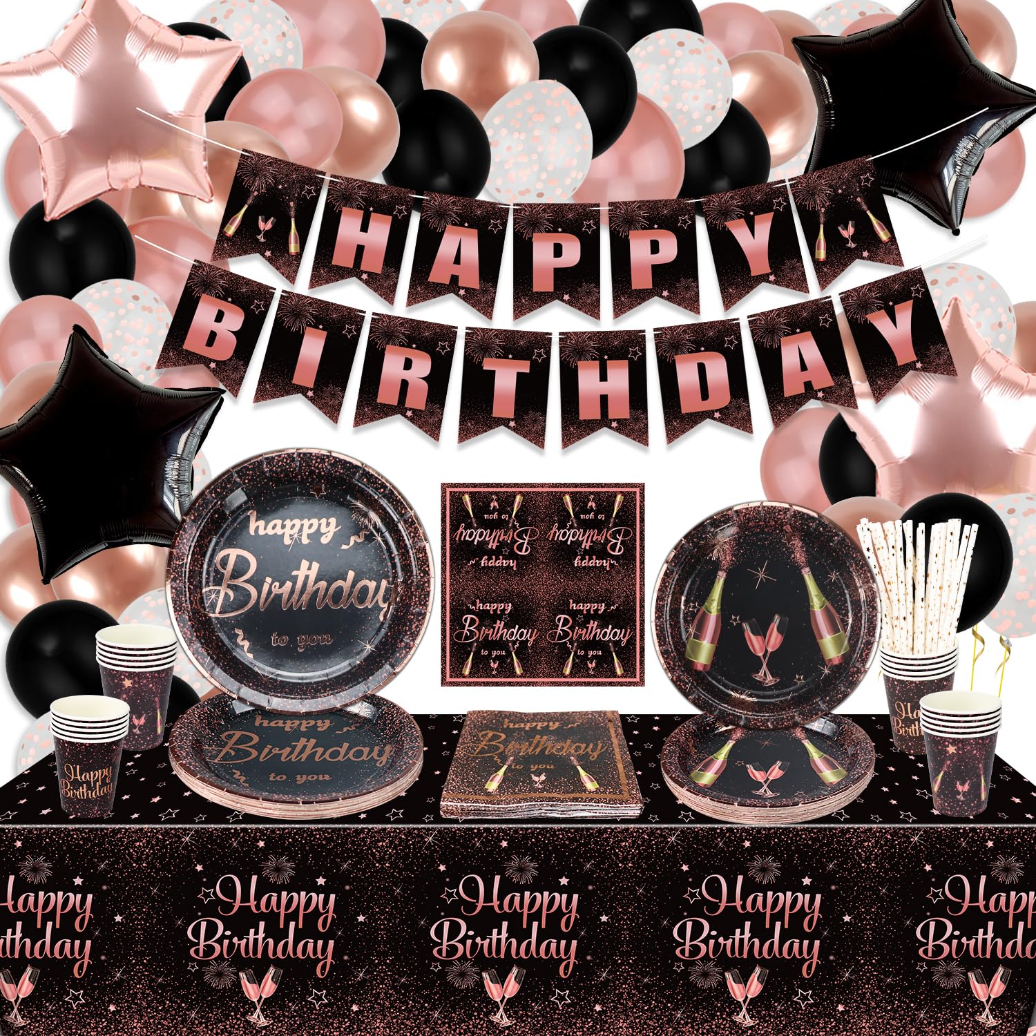 Rose Gold Birthday Supplies, Black and Rose Gold Birthday Party Decorations for Girls, Women, Includes Happy Birthday Banner, Tablecloth, Balloons, Paper Plates, Napkins, Paper Cups, Serves 20 Guest