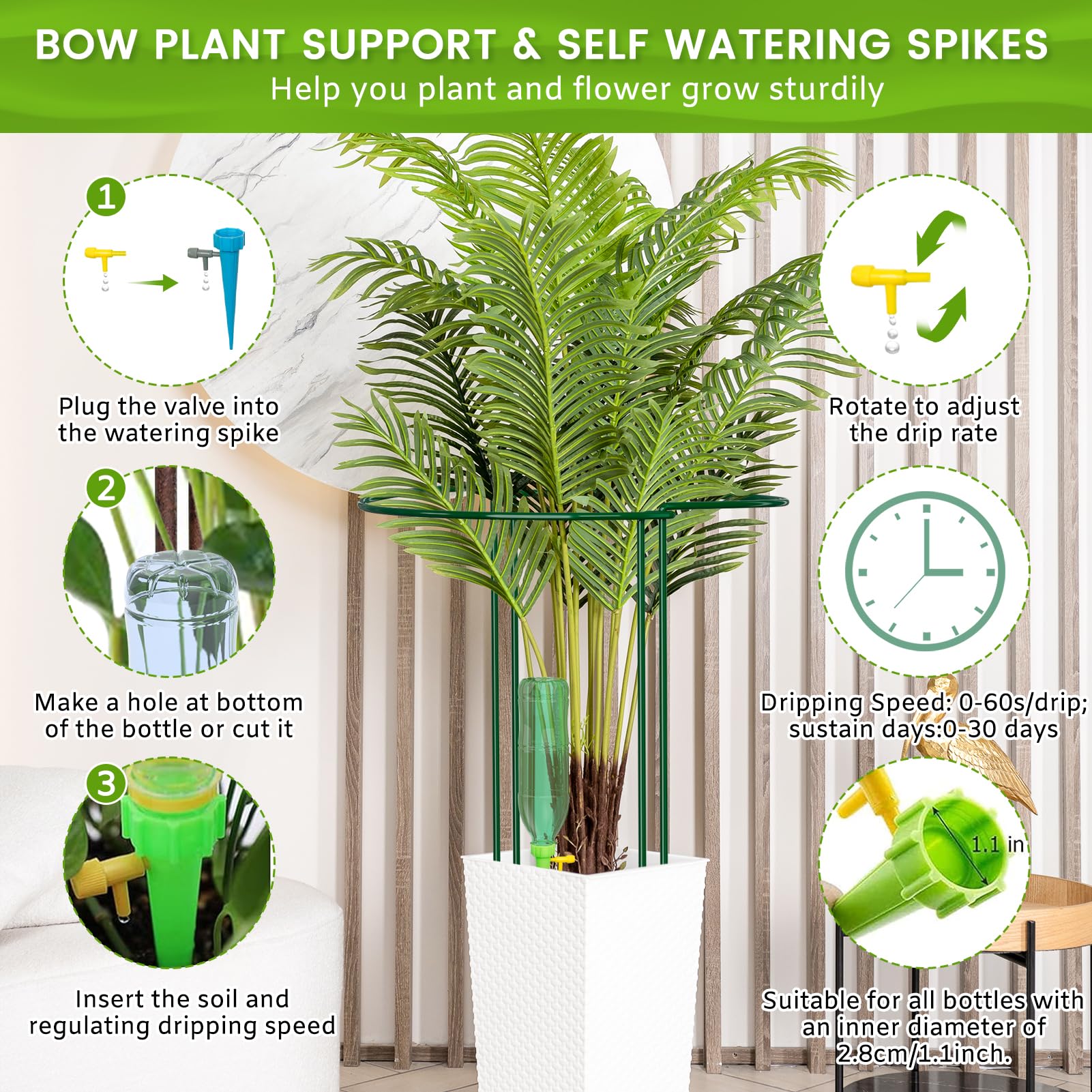 LyTaispuly 10 Stück 40 cm hohe Pflanzenstützpfähle, groß, Starkes Metall, halbrunde Gartenstützen, grüne Schleife, Ringkäfig mit 5 selbstbewässernden Spikes für Pfingstrose, Monstera (40 cm/10 Stück)
